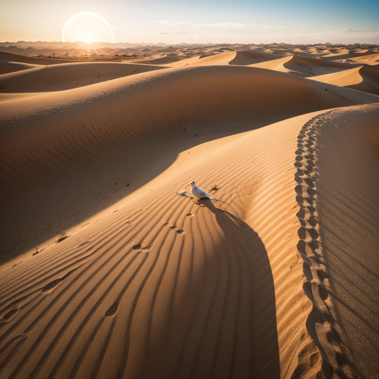 ，masterpiece, best quality，8k, ultra highres，Reallightandshadow，Cinema lenses，On screen，A vast desert unfolds before your eyes。The sand dunes are undulating，The golden grains of sand glow warmly against the setting sun。On the distant horizon，A huge red sun is slowly setting。Birds fly in the desert，Leave a streamlined trajectory，It's like a note beating in the air。