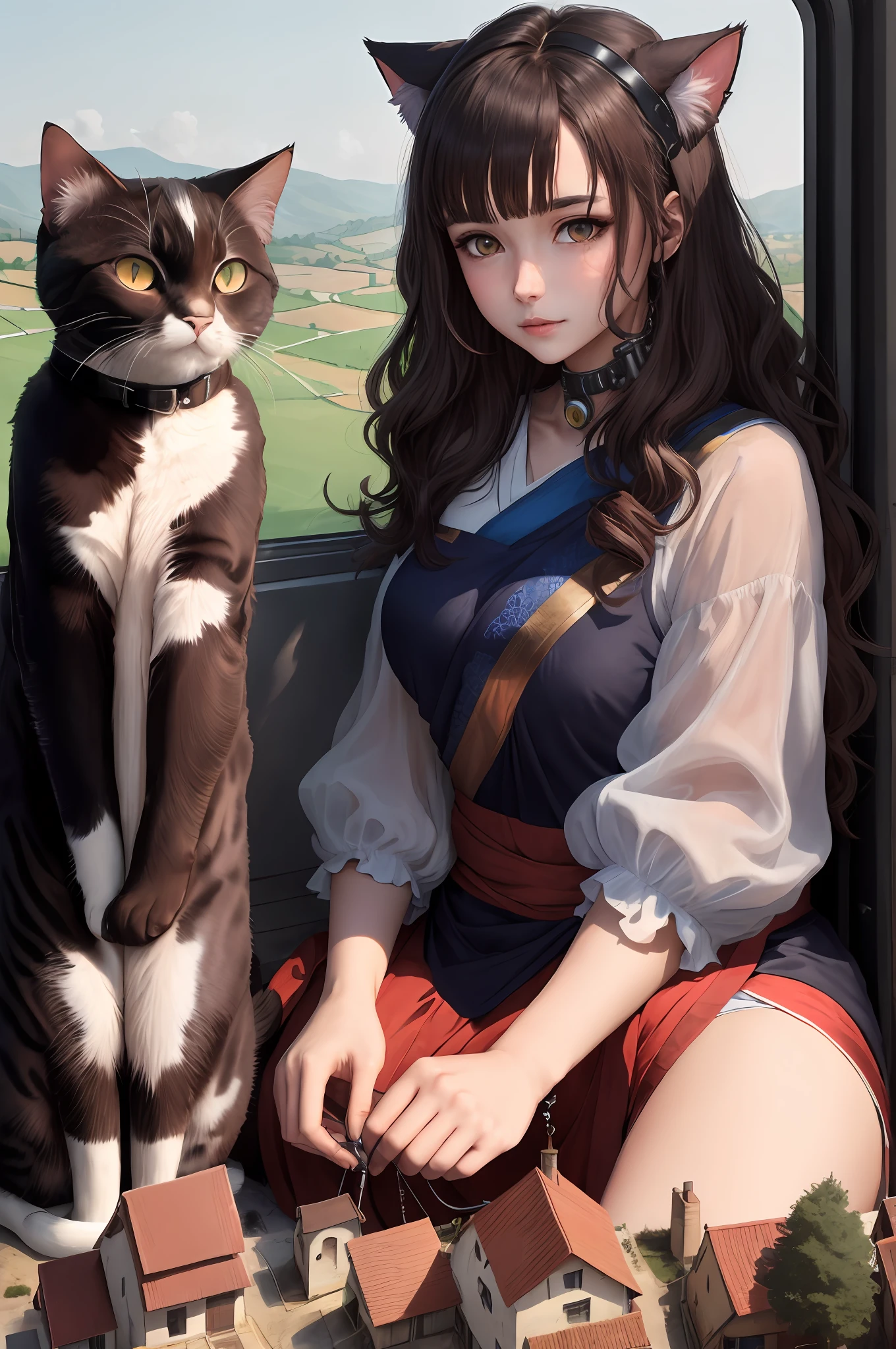 External visitors，mature，Indian attire，short and wavy hair，dark brown  hair，Red pupils，short man，Do not reveal your identity，Strong character，guido，Live in the countryside，The most important thing is human friends，Hobby driving，Cyberpunk cat ears，red color eyes