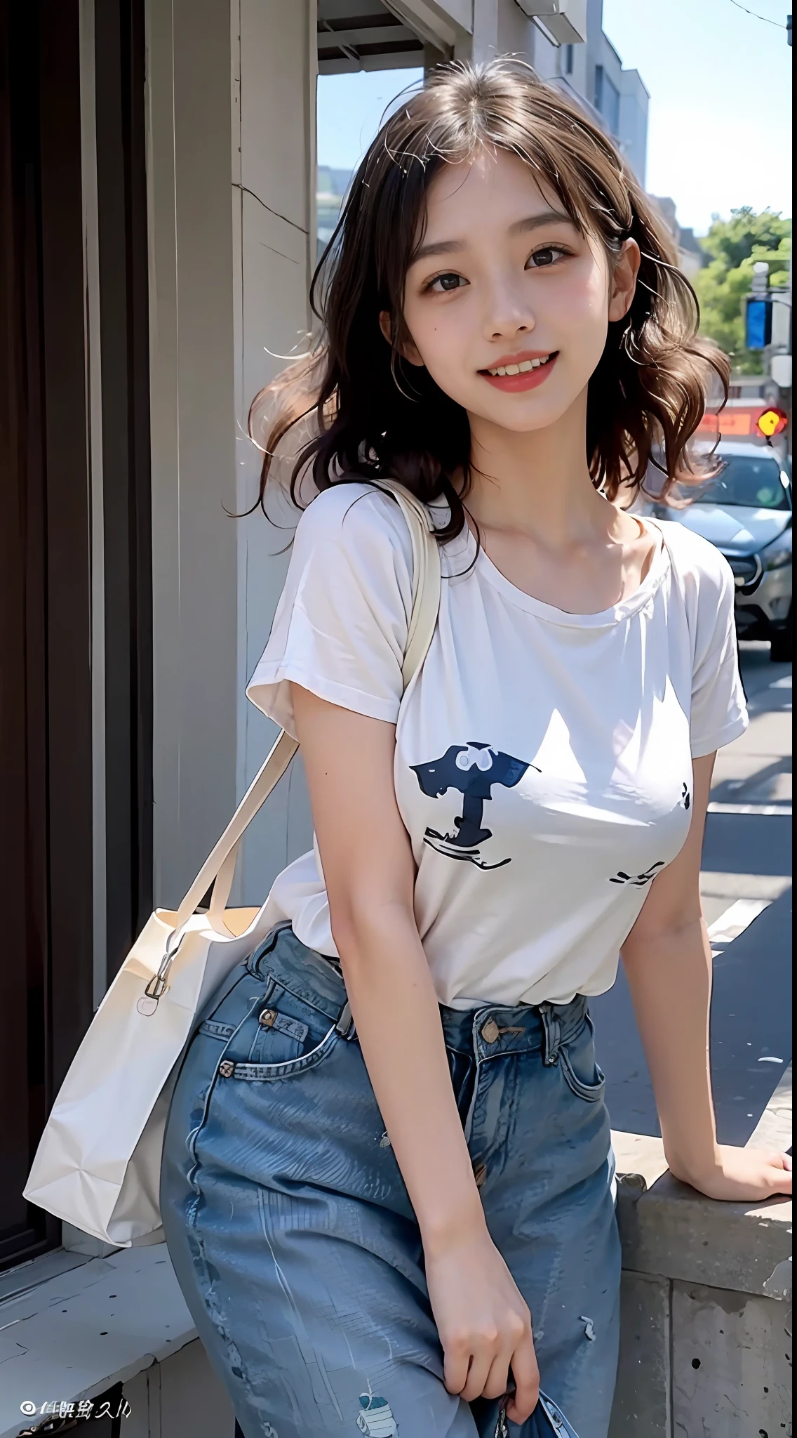 1个Giant Breast Girl，a color，（tmasterpiece：1.4），（Best picture quality：1.4），8K，Girls HD，Ultra-clear，1个Giant Breast Girl，二重まぶた，（Europe），Be red in the face，blue-sky，baiyun，shadowing，Leaf spots，Tyndall Sunshine，（orthofacial），big laughter，dimple，teeth showing，（curly frizzy hair:1.3）