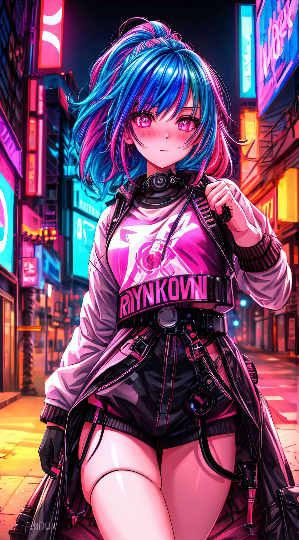 1girl,Creative hair,Rainbow Hair,City streets,fisheye,neon cold lighting, cyberpunk, blush, Waist Shot,Detailed face details,dynamic pose, rim lights,