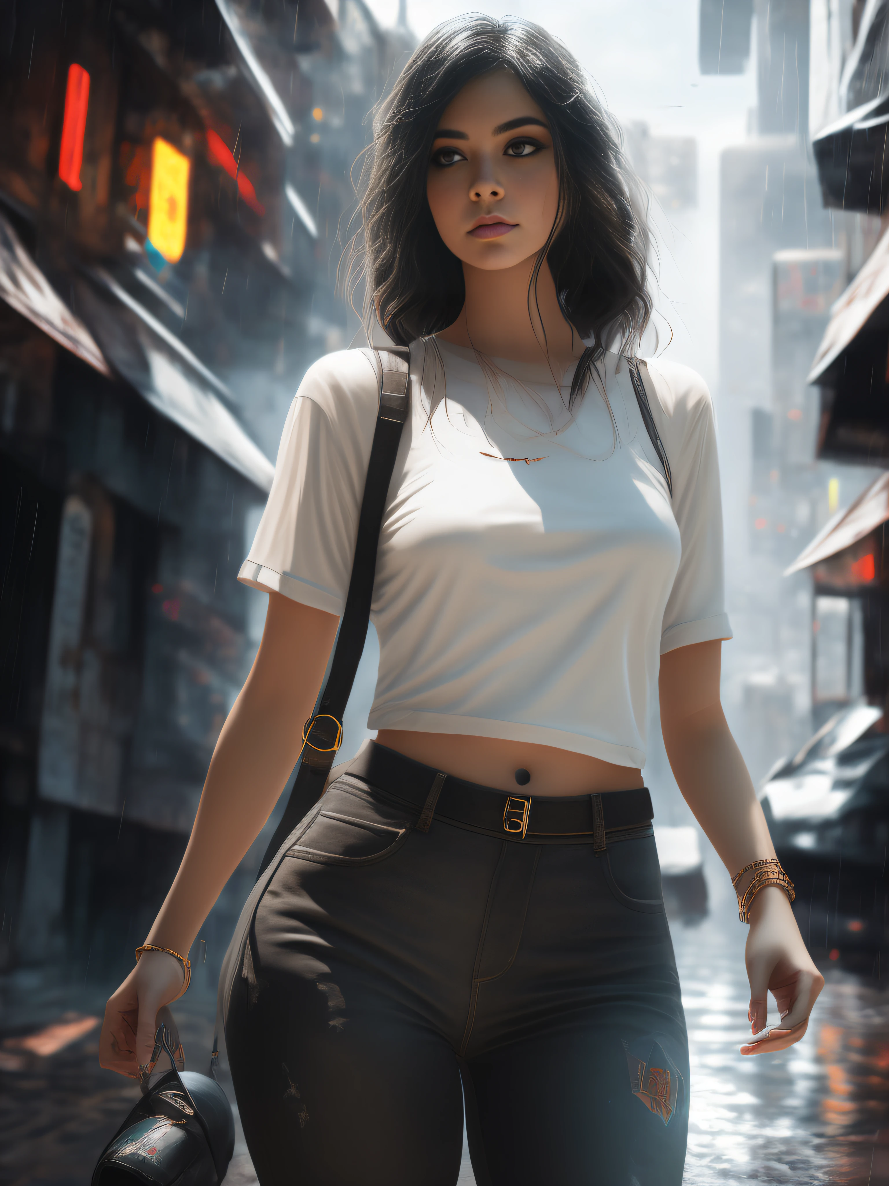 Mujer Araffe caminando por una calle de la ciudad con una camiseta blanca, CHAQUETA DE CUERO NEGRA, cyberpunk 2 0 y. o Chica modelo, Hermosa modelo de mujer cyberpunk, Llevar un sexy top recortado, cinematic outfit photo, Arte cyberpunk ultrarrealista 8K, 8K Artgerm Bokeh, Chica elegante con traje urbano, Usar ropa simple y ajustada, Cyberpunk hermosa chica, Estilo cyberpunk hiperrealista