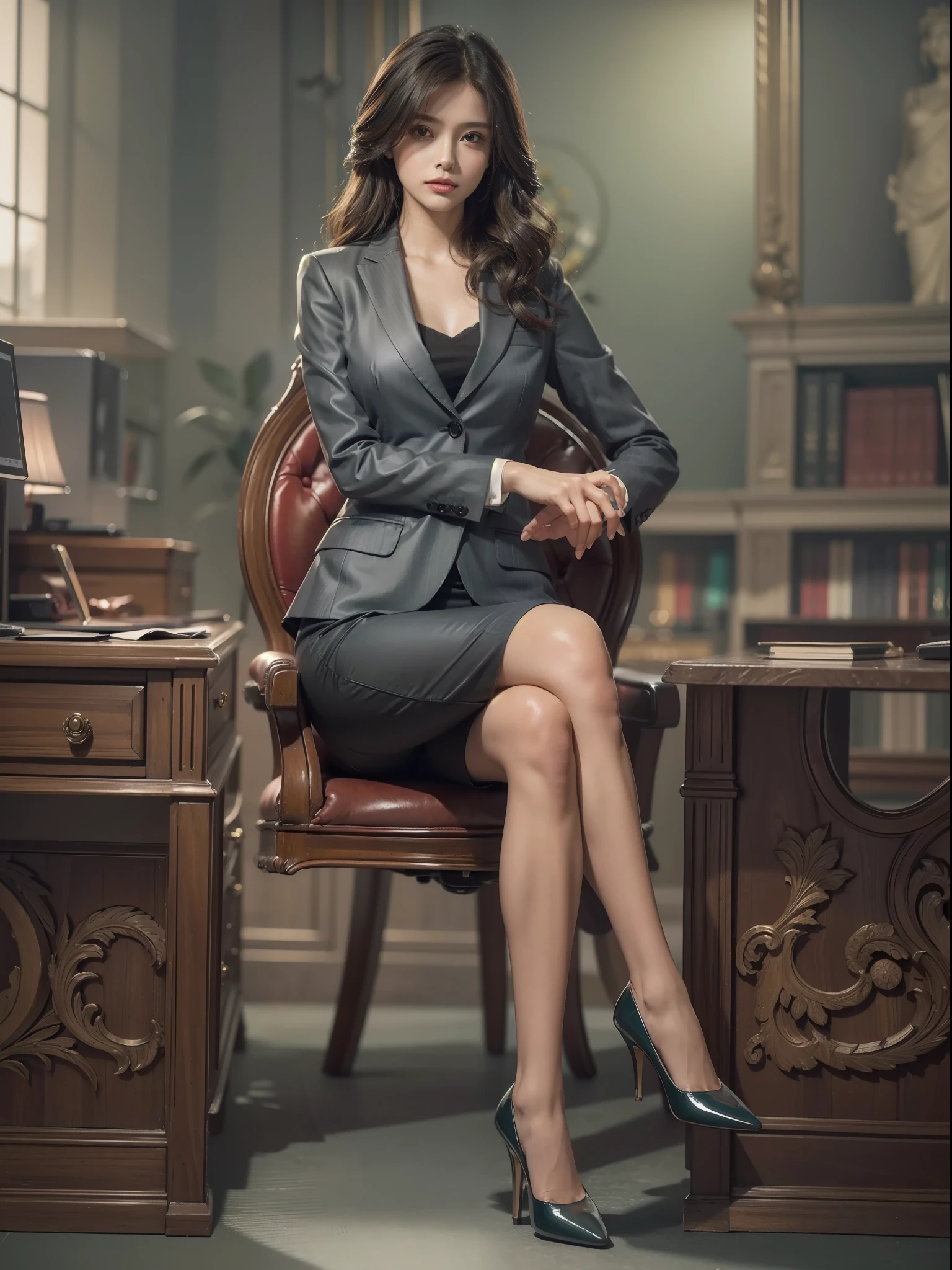 (extremely detailed CG unity 8k wallpaper, masterpiece, best quality, ultra-detailed), (best illumination, best shadow, an extremely delicate and beautiful), (glistening and textured skin), a powerful and confident businesswoman in a tailored suit with ons undone), (striking eyes), long hair, an elegant and sophisticated corporate setting, (powerful and confident demeanor), focused expression, desk and leather chair, (elegant and sophisticated background)