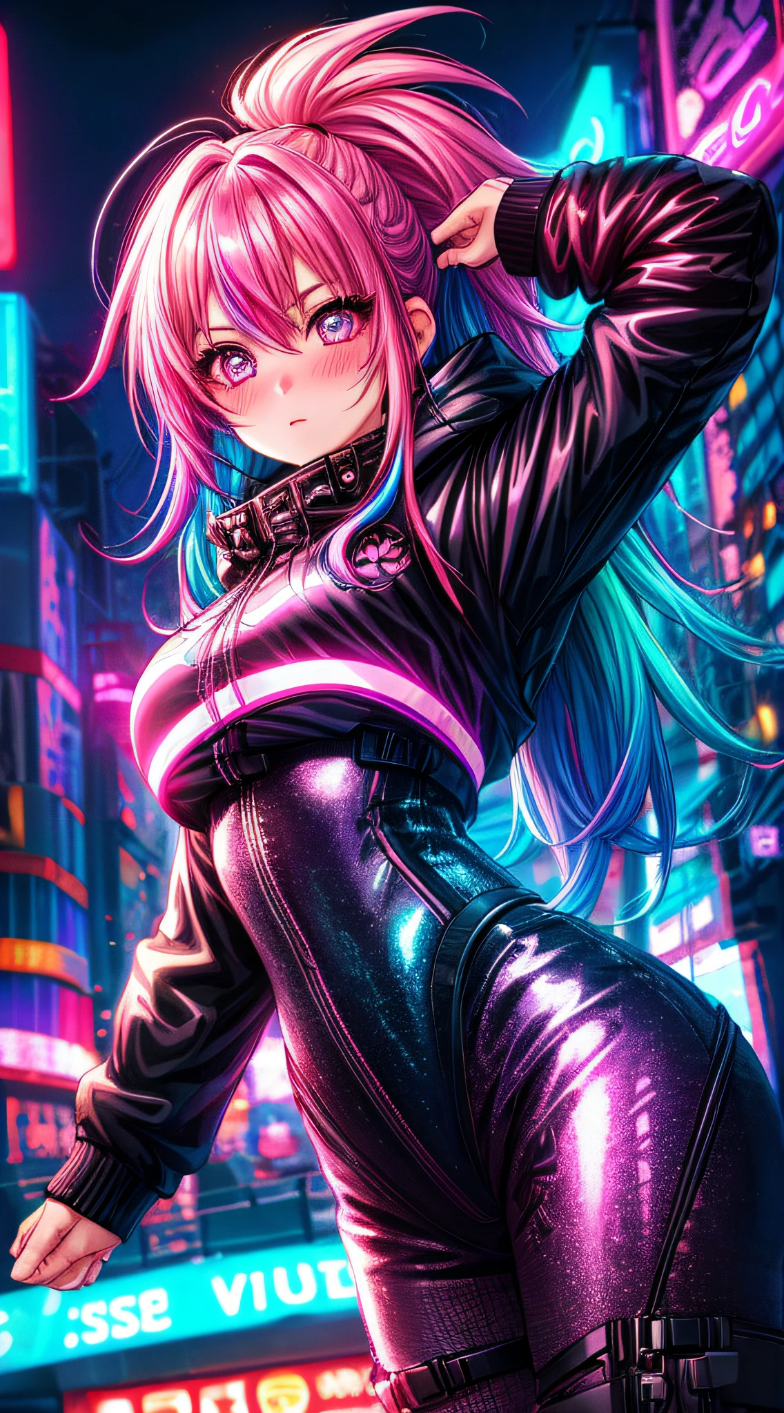 1girl,Creative hair,Rainbow Hair,City streets,fisheye,neon cold lighting, cyberpunk, blush, Waist Shot,Detailed face details,dynamic pose, rim lights,