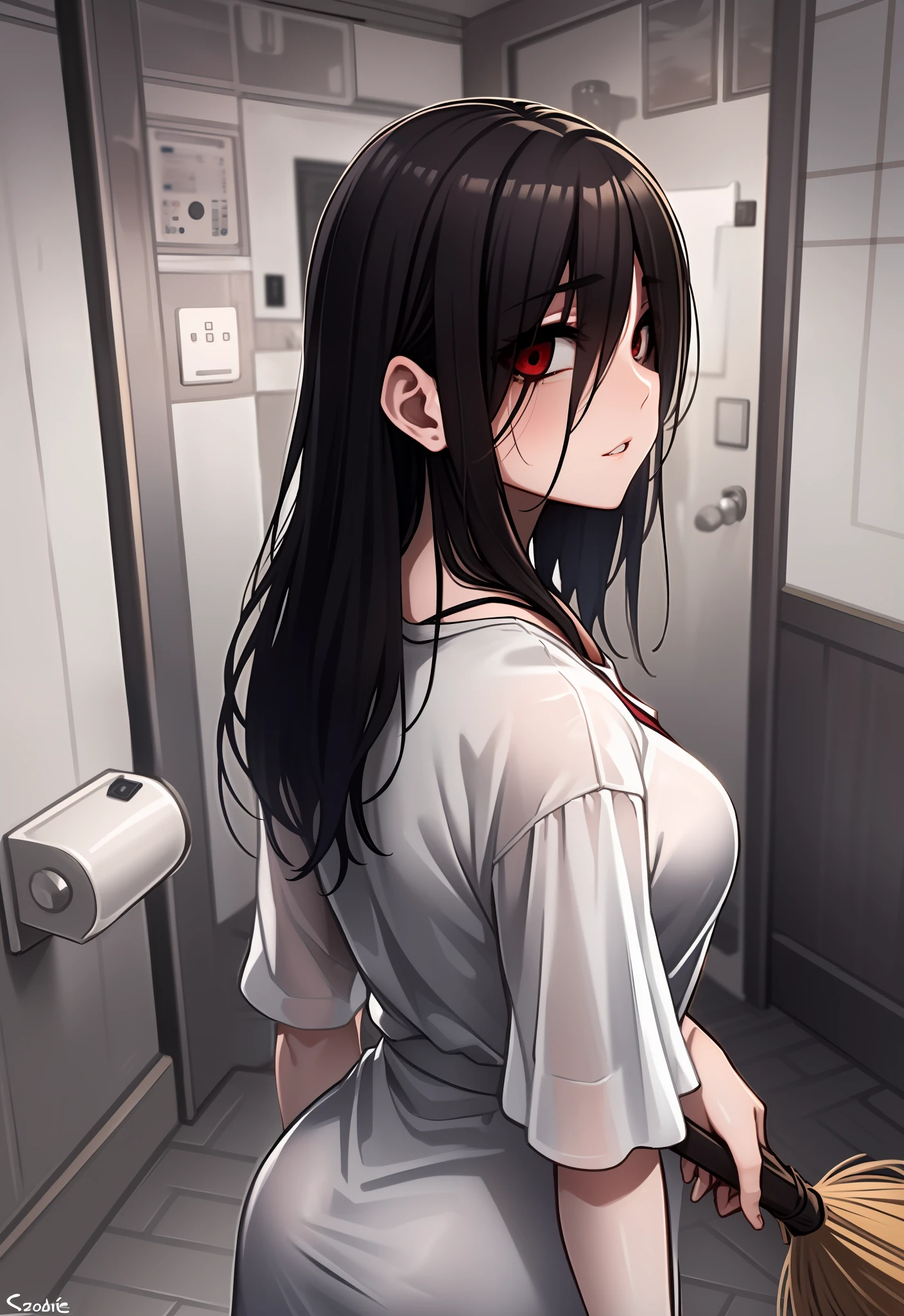 ((tmasterpiece)), (best qualtiy), (absurdists), brunette color hair, yamamura_Sadako, white dresses, (gray colored skin), hair over eye, Eyes covered, Super realistic and detailed,Toilets,house wife,Take a broom,facing away from the audience,back to look back,red eyes,浴室,dark grey skin,zombi,