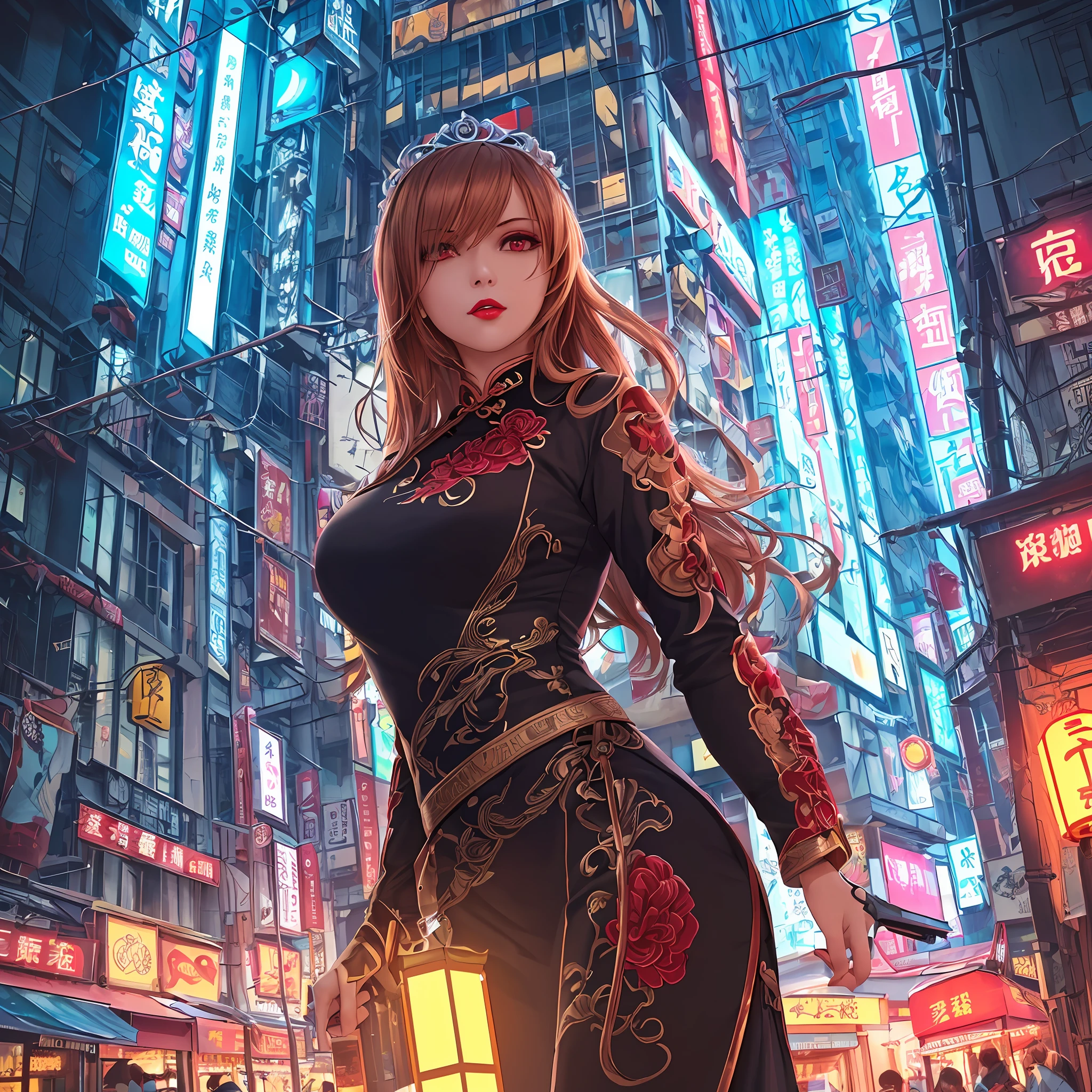 1 girl, Chinese_clothes, cyberhanf, cyberpunk city, tiara, hair accessories, super detailed, beautiful studio soft light, dramatic lighting, vibrant details, luxurious cyberpunk, complex background, octane rendering, 8k, best quality, masterpiece, illustration, extremely refined and beautiful, very detailed, CG, wallpaper, (realistic, Photorealistic (1.37), stunning, fine detail, masterpiece, best quality, official art, (evening: 1.5), dark theme, dynamic angles, dynamic pose, cowboy shot, 1 girl, solo, detailed face, detailed eyes, looking at the audience, rouge \ (makeup\), full lips, red lips, red eyes, (long hair: 1.3), upper body, (standing), (cyberhanf: 1.2), cheongsam, futobot, robot, chinatown, street, empty, cyberpunk, paper lantern, neon sign, --auto