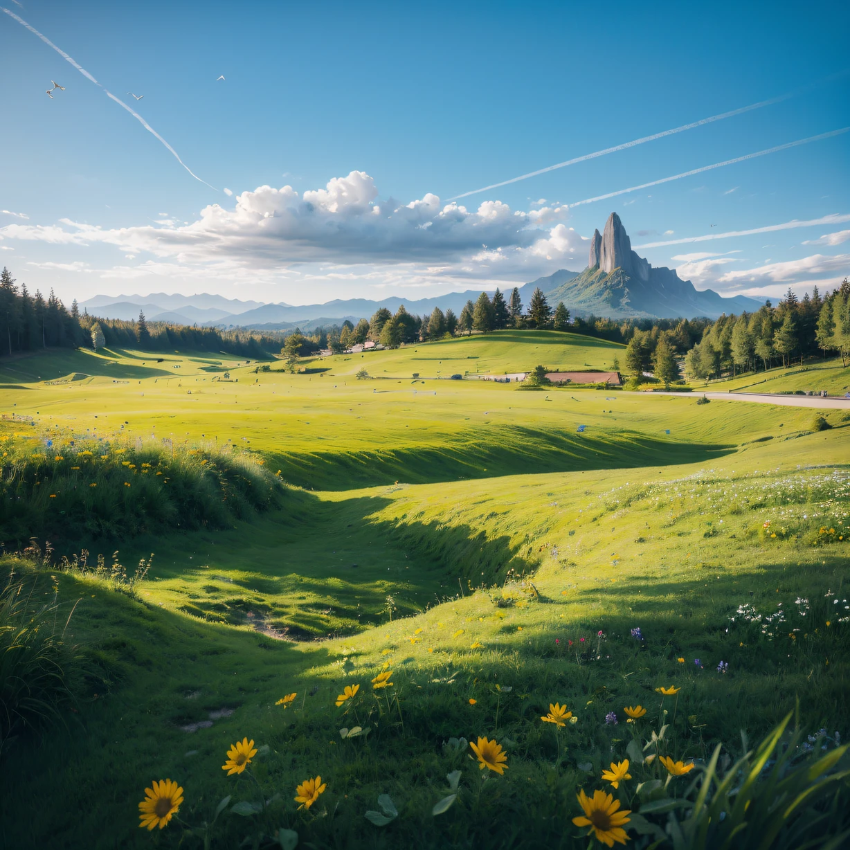 ,masterpiece, best quality,8k, ultra highres,Reallightandshadow,Cinema lenses,On screen,A vast grassland unfolds before you。The green meadows are dotted with wildflowers,Like a colorful carpet。White clouds in the sky,A gentle breeze blows the clouds,Cast a patch of shade。The mountains in the distance lie quietly,Like a sleeping giant。Occasionally,Several small birds flew up from the grass,Draw a beautiful arc in the air。