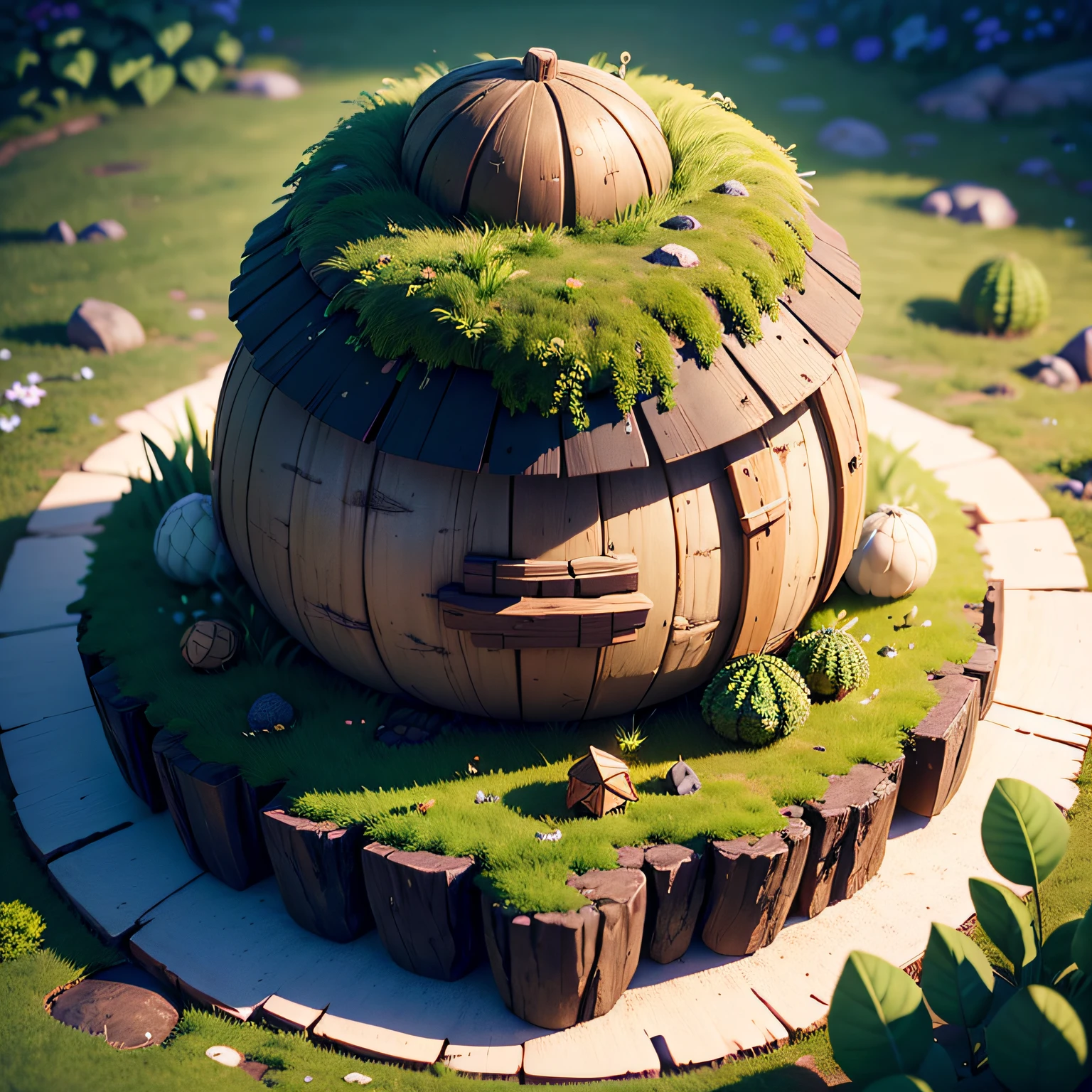 Masterpiece, Best quality, (Extremely detailed Cg Unity 8K wallpaper), (Best quality), (Best Illustration), (Best shadow), A round turnip hut covered with moss, Isometric 3D, rendering by octane,Ray tracing,Ultra detailed --auto