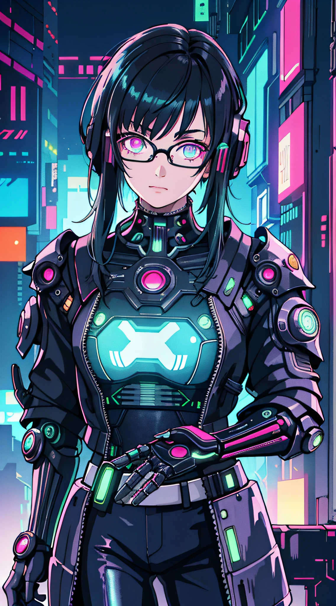 1girl, close-up, intricate details, (cyberpunk:1.4), mechanical arms, eyeglasses, messy hair, (glowing neon armor:1.2), machinery, black background