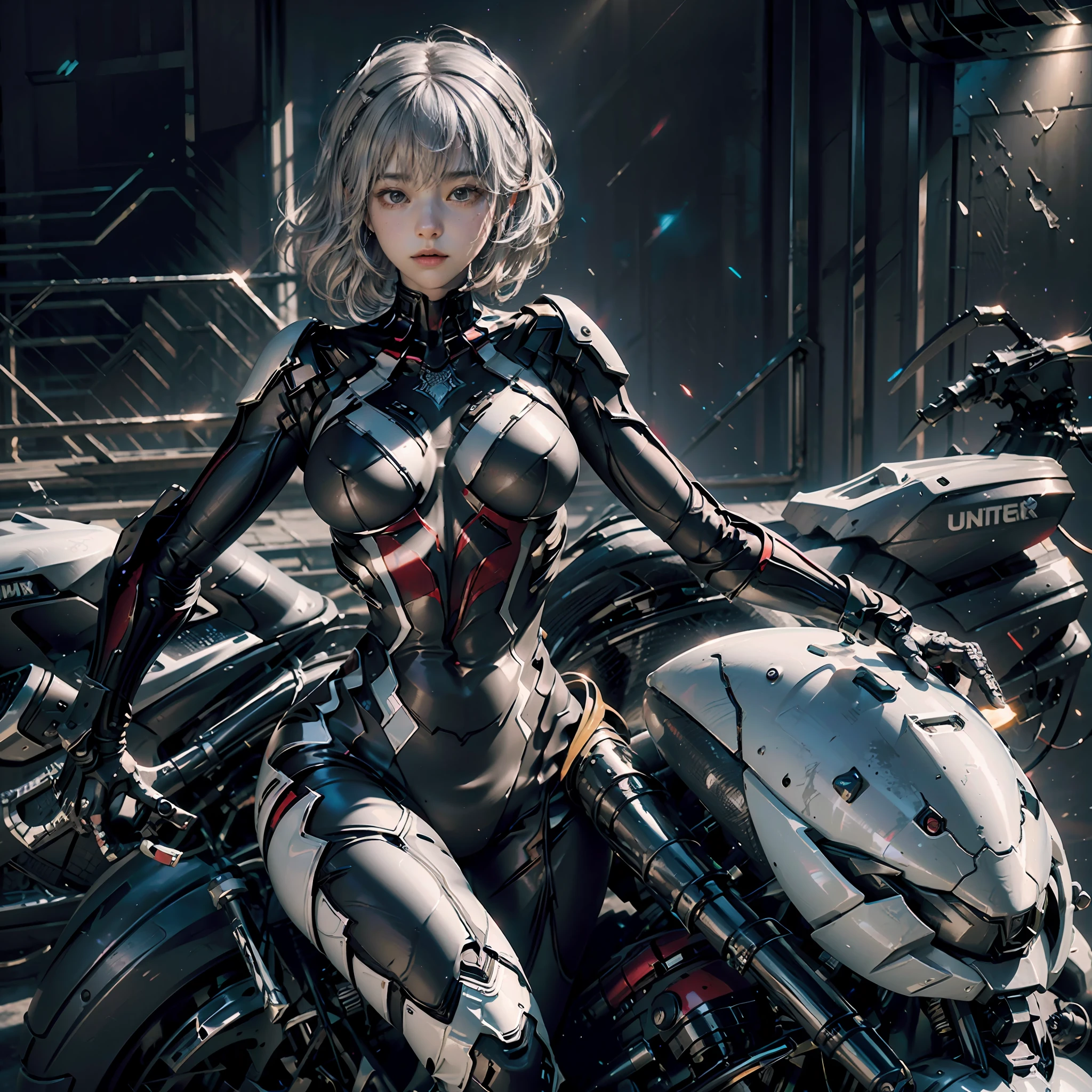 (Extreme Detail CG Unity 8K Wallpapers,tmasterpiece,Highest image quality),(Delicate light and shadow,The picture is highly dramatic,Cinematic lens effect),Motorcycle 1:3,A girl in a white Spider-Man costume stands next to a motorcycle,Focus on motorcycles,Silver-gray hair color,the motorcycle,From the Spider-Man parallel universe,Wenger,Marvel,Spidey,sitting on the motorcycle,dynamicposes),(Exceptional detail,The lighting effect is outstanding,Vista wide angle),(Excellent rendering,Enough to stand out from the crowd),The focus is on the white Spider-Man costume,Complex spider textures
