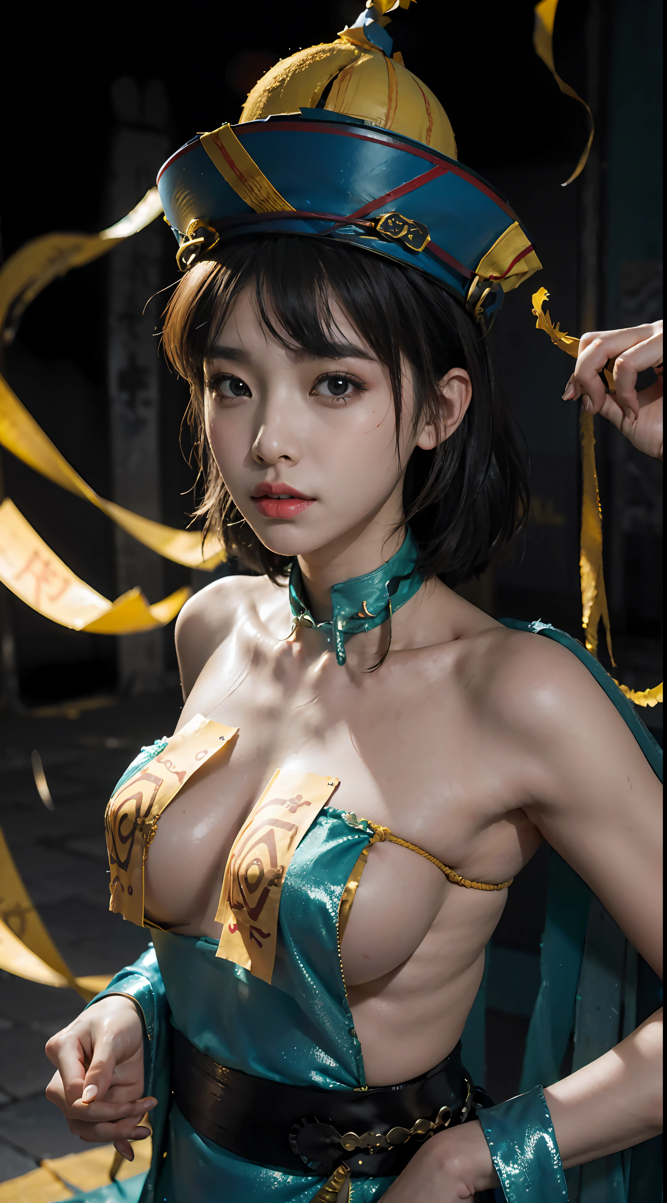 RAW, masterpiece, super fine photo, best quality, super high resolution, realistic, sunlight, a beautiful woman with yellow rune paper on her face, many yellow Taoist rune paper pasted on her body, worn cheongsam, female zombie, Hong Kong Lin Zhengying zombie movie character, cyan skin, fair skin, amazing beauty, dynamic pose, delicate face, abandoned warehouse background, messy, gorgeous, high detail skin, realistic skin details, sharp focus, volumetric light, 8k UHD, DSLR, high quality, film grain, Realism, lomography