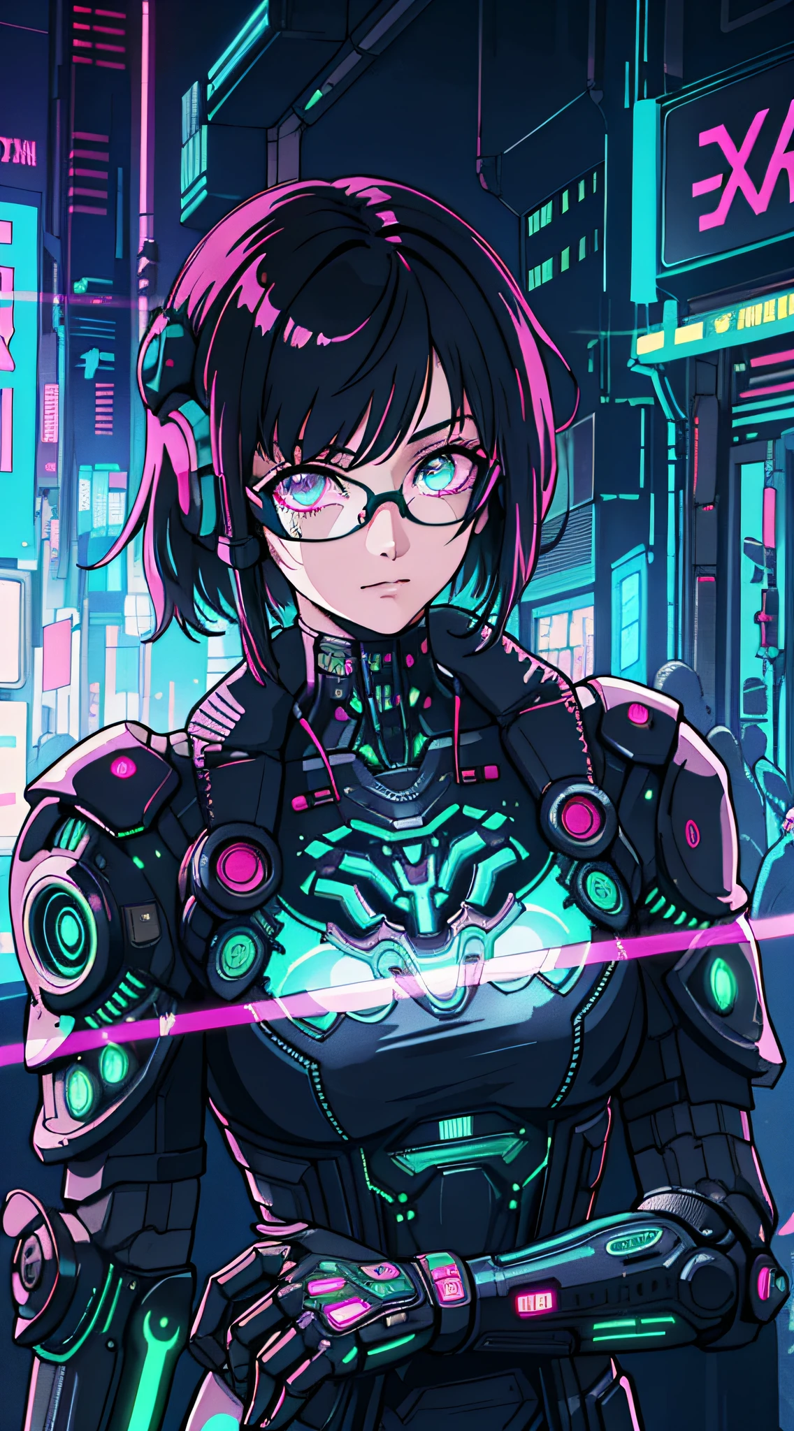 1girl, close-up, intricate details, (cyberpunk:1.4), mechanical arms, eyeglasses, messy hair, (glowing neon armor:1.2), machinery, black background