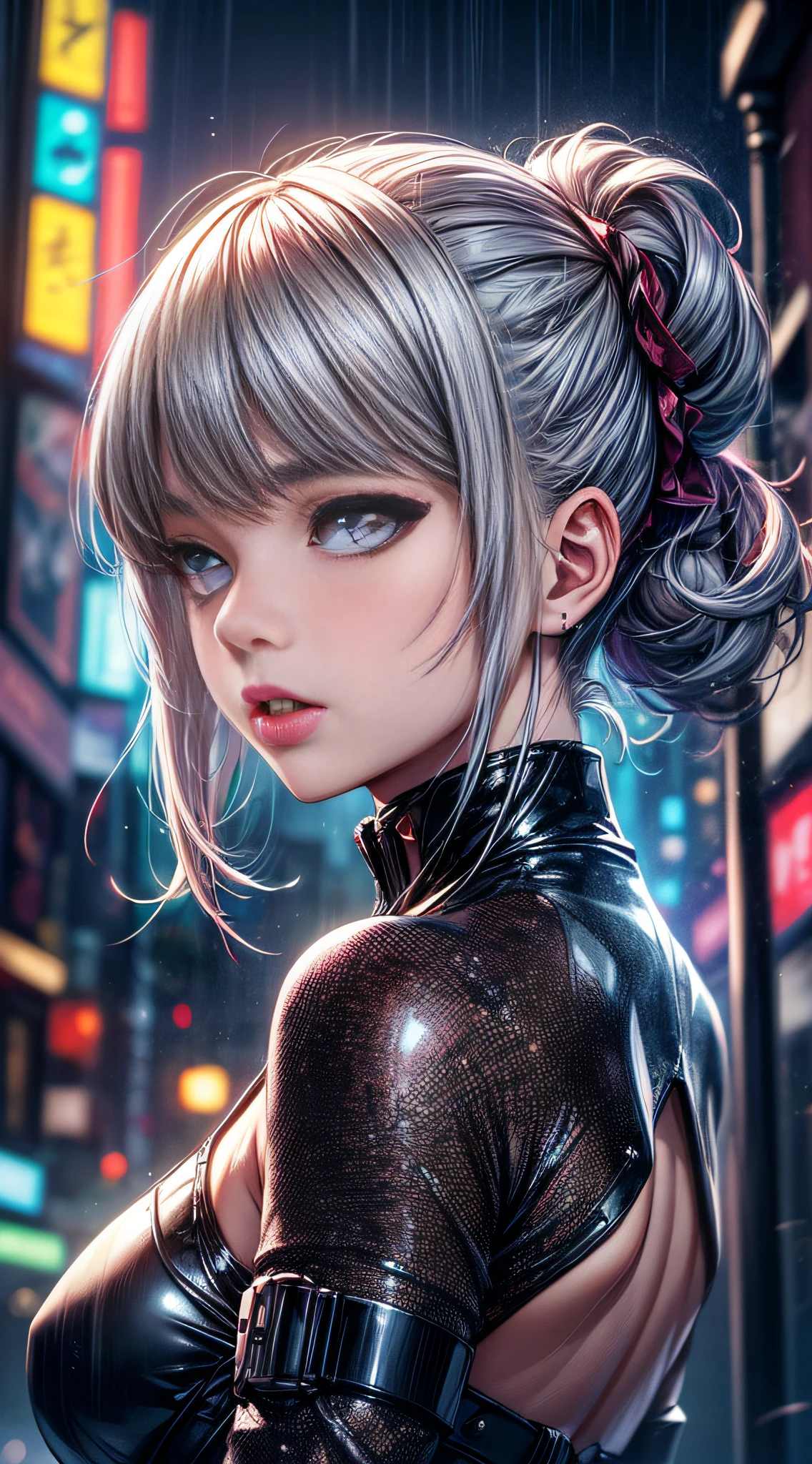 high contrast, (8K UHD:1.2), (photorealistic:1.2),(masterpiece:1.4), (best quality:1.4),extremely detailed wallpaper, highly detailed illustrations, (1 Girl), (best lighting) , (super-complex details) , 4K unified, (super-detailed CG: 1.2) , (8K: 1.2),(original), (masterpiece) , (best quality),(Masterpiece:1.4),Anime-ish high quality, (((high resolution))),Young 1 Japan girl dressed in shiny clothes as a cyberpunk character in neonninja style, futuristic city. Hair scrunchies, princess cut, silver hair, colored tips, medium hair, multicolored hair, bangs parting, parted lips, red lips, full moon, gray eyes, sexiness and coolness, night, neon, futuristic, concept art, blade runner worldview, toron worldview, ghost in the shell world view, painting, illuminated, close-up, detailed light, backlit glow. Rainy night in cyberpunk city with glowing neon lights. Dynamic and dynamic composition.
