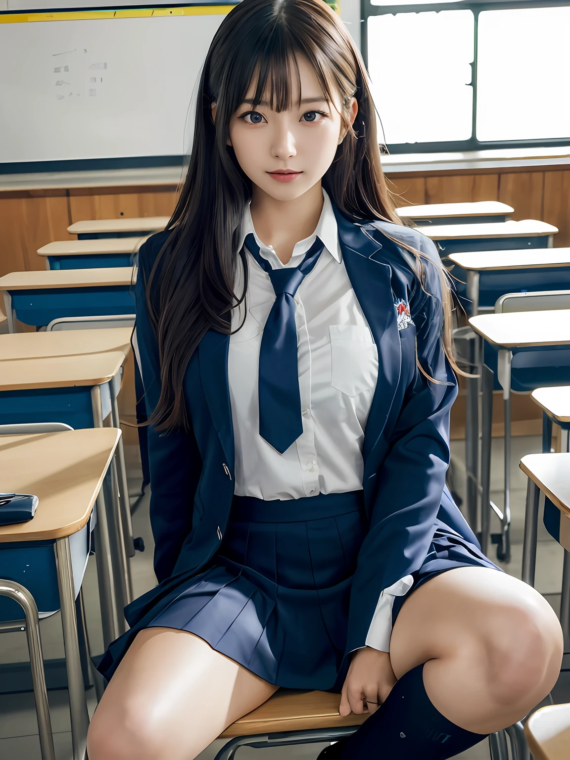 masutepiece, Best Quality, japanaese girl, 8K, Raw photo, top-notch quality, masutepiece, nffsw:1.2, exceptionally detailed RAW color photo, professional-grade photograph, (Realistic, Photorealistic:1.37), (highly detailedskin:1.2), Ultra-high resolution, (lenz 50mm), (masutepiece, top-quality:1.3), (Ultra detailed 8K cg:1.2), (hyper realisitic:1.35), (Photorealistic:1.45), (Realistic:1.4), Cowboy Shot,
1 beautiful Japanese girl, 22 years old, super model, Japanese Idol, __expression__, Large breasts, (sitting on the desk:1.1), (School uniform:1.4), (Spread legs:1.2),
(School classroom background:1.1)、Korean Idol、Nogizaka Idol、hposing Gravure Idol、Adults、女優