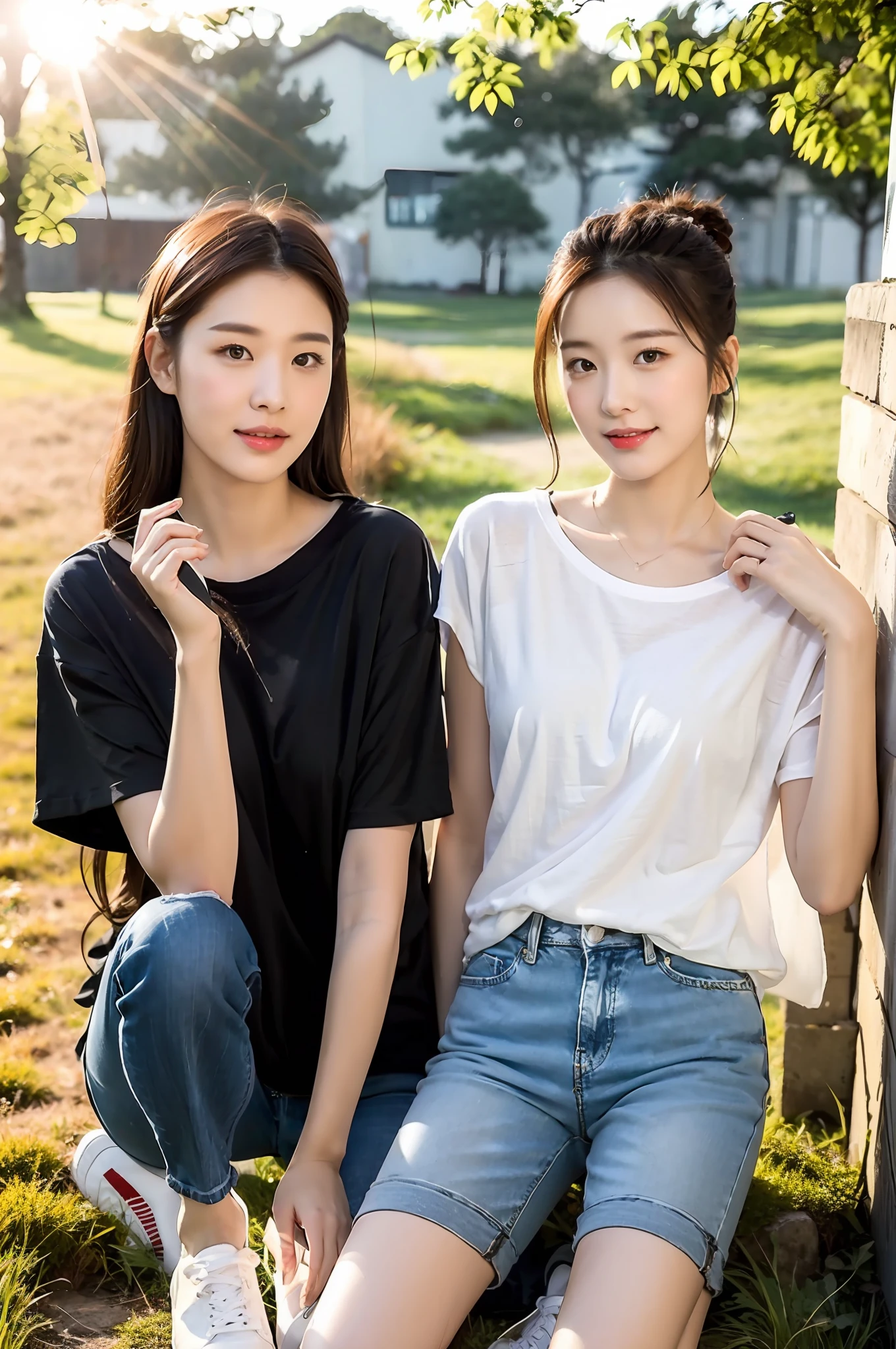 （best qualtiy：1.4），Complicated details，20 years old Korean girl，Wear a loose black T-shirt and skinny jeans，Stand on the grass and take pictures，Detailed meadow，A sweet smile on a small face，Ultra-realistic facial details，Playful and coquettish pose，The calves are straight and slender:1.2，Wear high-end branded colored canvas shoes:1.0，eventide，warm color，Broad lighting，naturalshadow，fully body photo:1.8