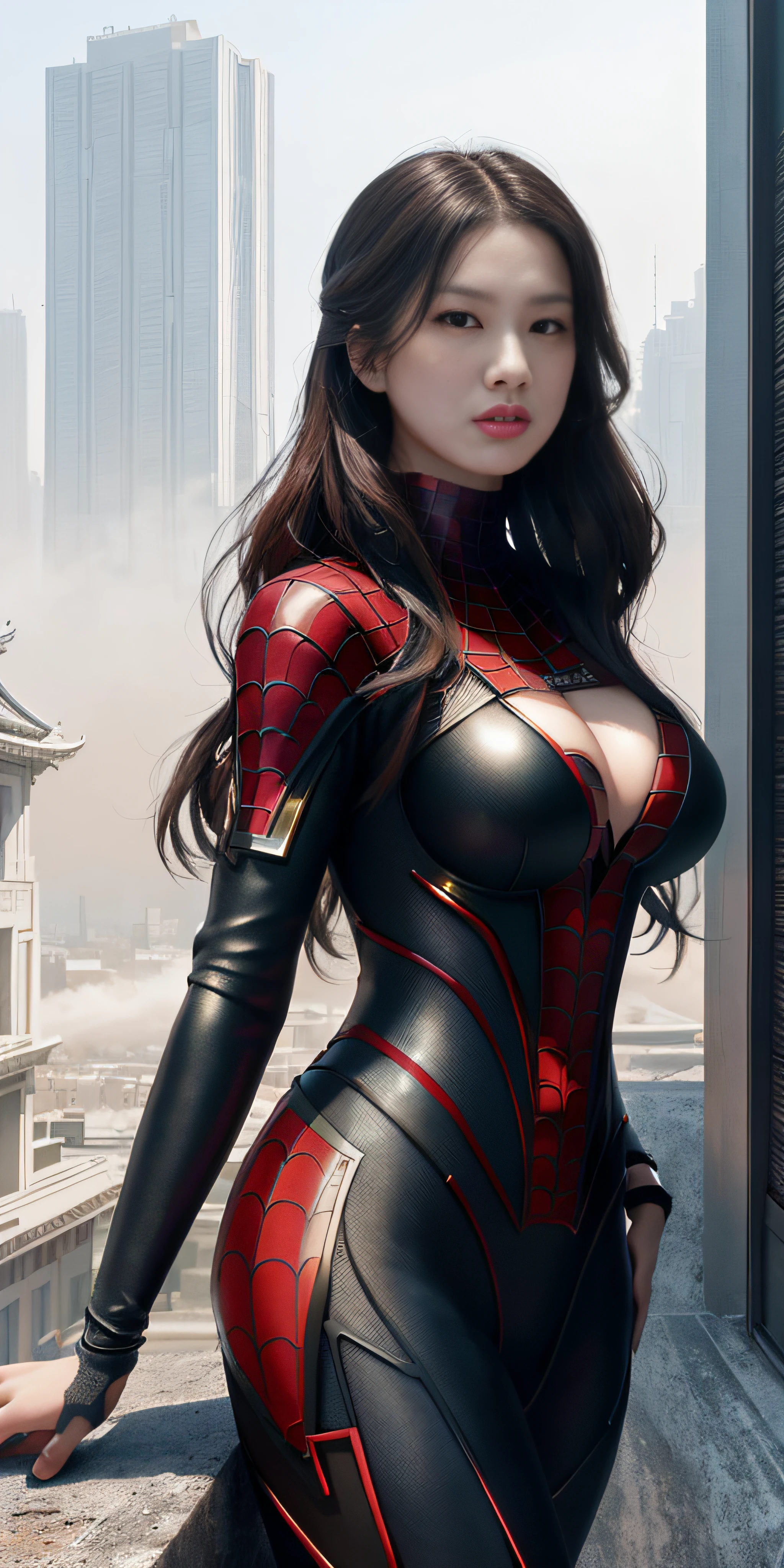 (1girl:1.3), 独奏, (((very vey very detailed face))),((very detailed eyes and faces))),beatiful detailed eyes,Body parts__,offcial art,Unified 8k wallpaper,ultra-detailliert,Beautiful and beautiful,big breasts beautiful,tmasterpiece,best qualtiy,primitive,tmasterpiece,ultra fine photos,best qualtiy,超高分辨率,photorealistic realism,rays of sunshine,full-body portraits,stunningly beautiful,,dynamicposes,delicated face,vibrant eyes,(from the front side), she is in a spider-man suit,Red and black color scheme,arachne,Very detailed city roof background, Roof,looking over city,详细的脸,detailed complex busy background,Bigboobs,untidy,opulent,milkyW,highly detailedskin,Realistic details of skin,Visible pores,Clear focus,volume fog,8k uhd,digital SLR camera,high qulity,filmgrain,White skin of the,photo-realism,lomography,A huge metropolis of the dystopia of the future