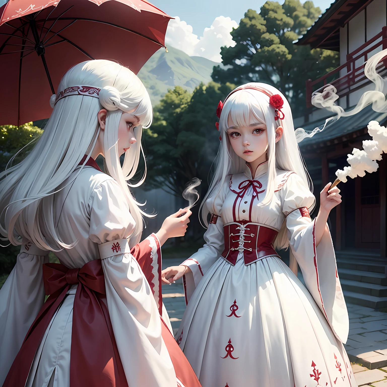 Immortal,period costume,plumw,teens girl,White,Tall,white clothes,white color hair,red color eyes,Royal Sword Flight,youkai,disrupt,wonderland,smokeing --auto