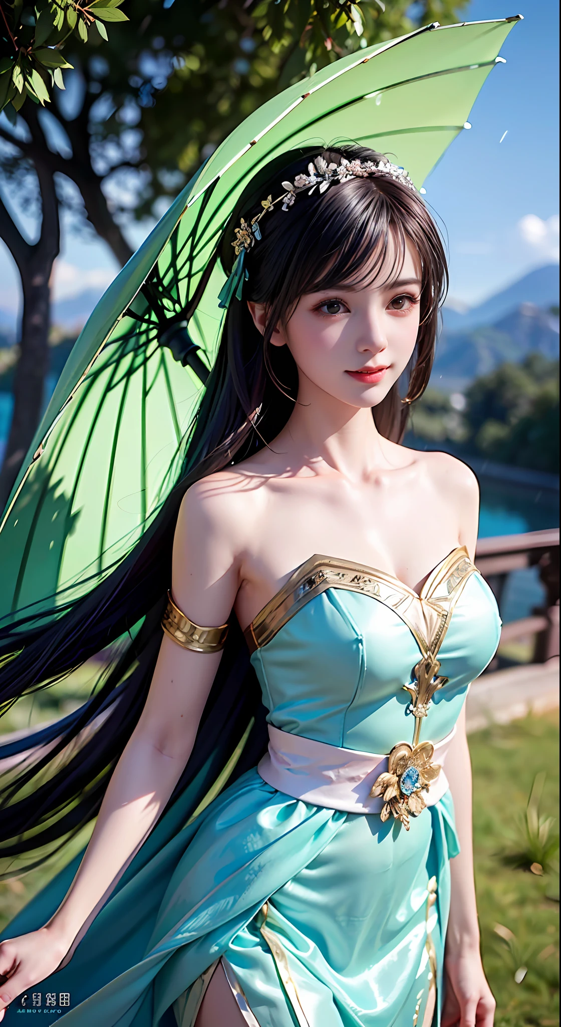 Bust shot, face shot, face specific, (((alone)), (single)))), black hair, a beautiful girl, ((delicate pale pink clothes)), cyan streamers, gauze skirt, texture, delicate pattern, hair bundle, cool clothing, high slit, beautiful, leg, stocking, translucent clothing, tulle texture, black hair, master work, close-up lens, depth of field, crystal, crystal decoration, crystal headdress, pretty girl, (( rainy, ray, delicate clothes, bare shoulders, delicate details, eye highlights, delicate clothing, delicate patterns, antique style, Chinese style, fine portrayal, extreme details, cinematic quality, thin, slender, hair details, thin bangs, coiled hair, correct body, shadows, air bangs, 8K, super fine, fine damask texture, smooth, silky, silk, gauze skirt fabric, (tulle: 1.9), smooth, smooth texture, good complexion, (((mountains)), river, Meadow, tree, ((green mountain)), petal, landscape, smile, tsurime, surrealism, ray tracing, UHD, high details, super detail, highres, 8k, high quality, high details, textured skin, ccurate, anatomically correct, best quality, highres, high quality, textured skin, high details, anatomically correct, super detail, anatomically correct, anatomically correct