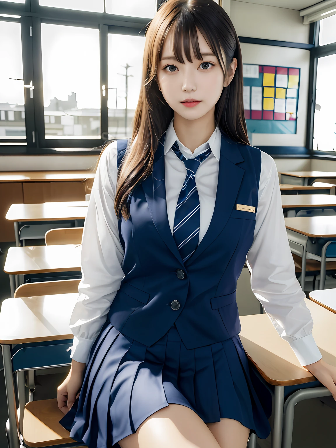 masutepiece, Best Quality, japanaese girl, 8K, Raw photo, top-notch quality, masutepiece, nffsw:1.2, exceptionally detailed RAW color photo, professional-grade photograph, (Realistic, Photorealistic:1.37), (highly detailedskin:1.2), Ultra-high resolution, (lenz 50mm), (masutepiece, top-quality:1.3), (Ultra detailed 8K cg:1.2), (hyper realisitic:1.35), (Photorealistic:1.45), (Realistic:1.4), Cowboy Shot,
1 beautiful Japanese girl, 22 years old, super model, Japanese Idol, __expression__, Large breasts, (sitting on the desk:1.1), (School uniform:1.4), (Spread legs:1.2),
(School classroom background:1.1)、Korean Idol、Nogizaka Idol、hposing Gravure Idol、Adults、女優