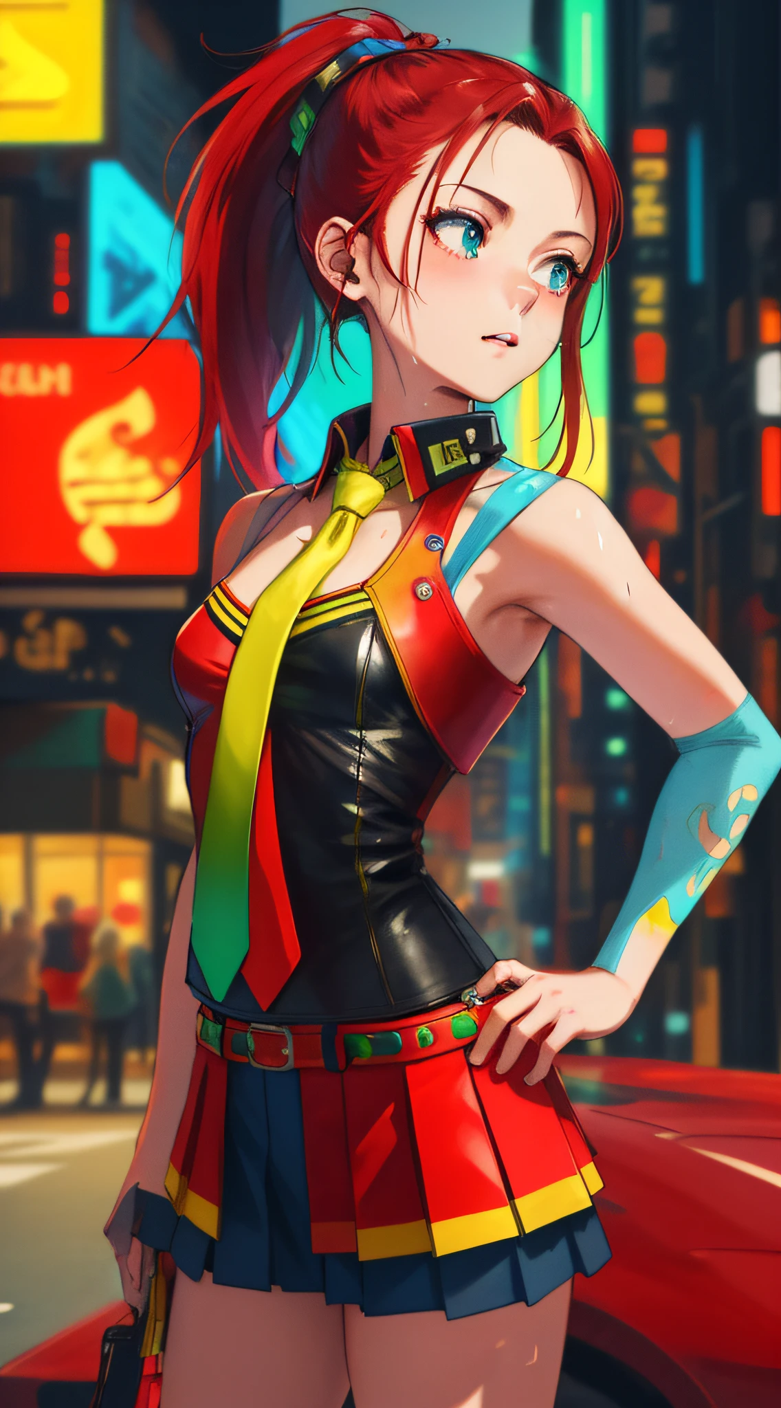 masterpiece, highest quality, realistic, subsurface scattering, chromatic lighting,
colorized, red + yellow + green + blue limited color palette, detailed concept drawing, line-art, illustration,
cyberpunk,
18yo 1girl,small breasts,
extrovert,
ponytail hair, 
punk outfit,
necktie,
pleated,
America
city,
club, people,
wet
detailed background