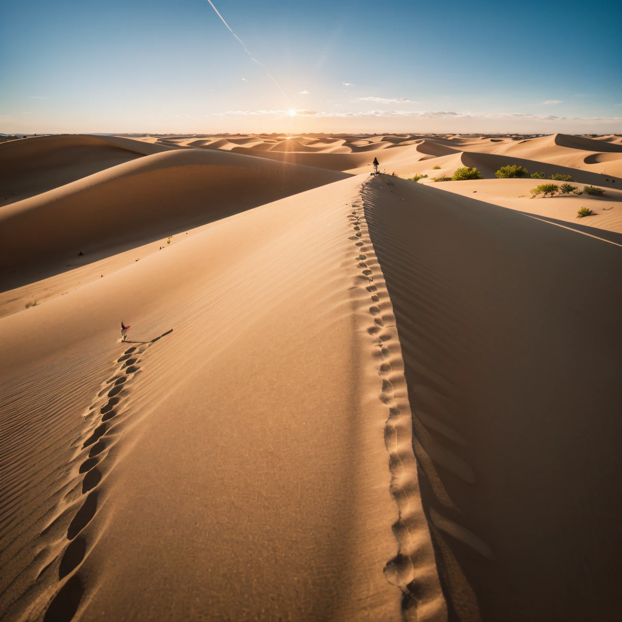 ,masterpiece, best quality,8k, ultra highres,Reallightandshadow,Cinema lenses,On screen,A vast desert unfolds before your eyes。The sand dunes are undulating,The golden grains of sand glow warmly against the setting sun。On the distant horizon,A huge red sun is slowly setting。Birds fly in the desert,Leave a streamlined trajectory,It's like a note beating in the air。