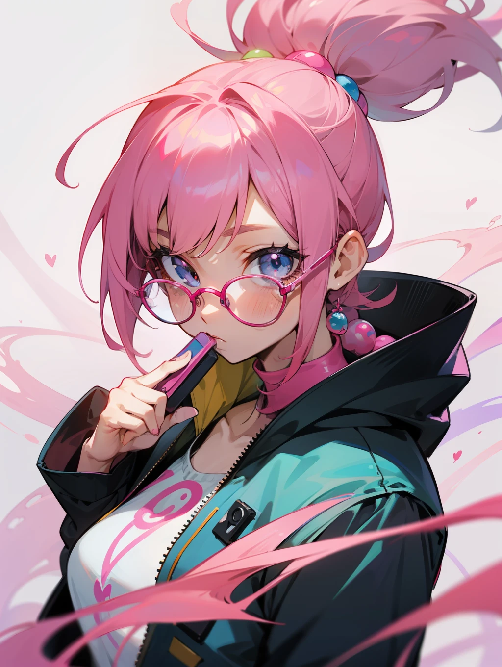 anime girl with pink glasses and pink hair holding a cell phone, anime style 4 k, anime vibes, decora inspired illustrations, anime art wallpaper 4 k, anime art wallpaper 4k, anime art wallpaper 8 k, anime style. 8k, best anime 4k konachan wallpaper, anime wallpaper 4k, anime wallpaper 4 k, anime aesthetic, bubblegum