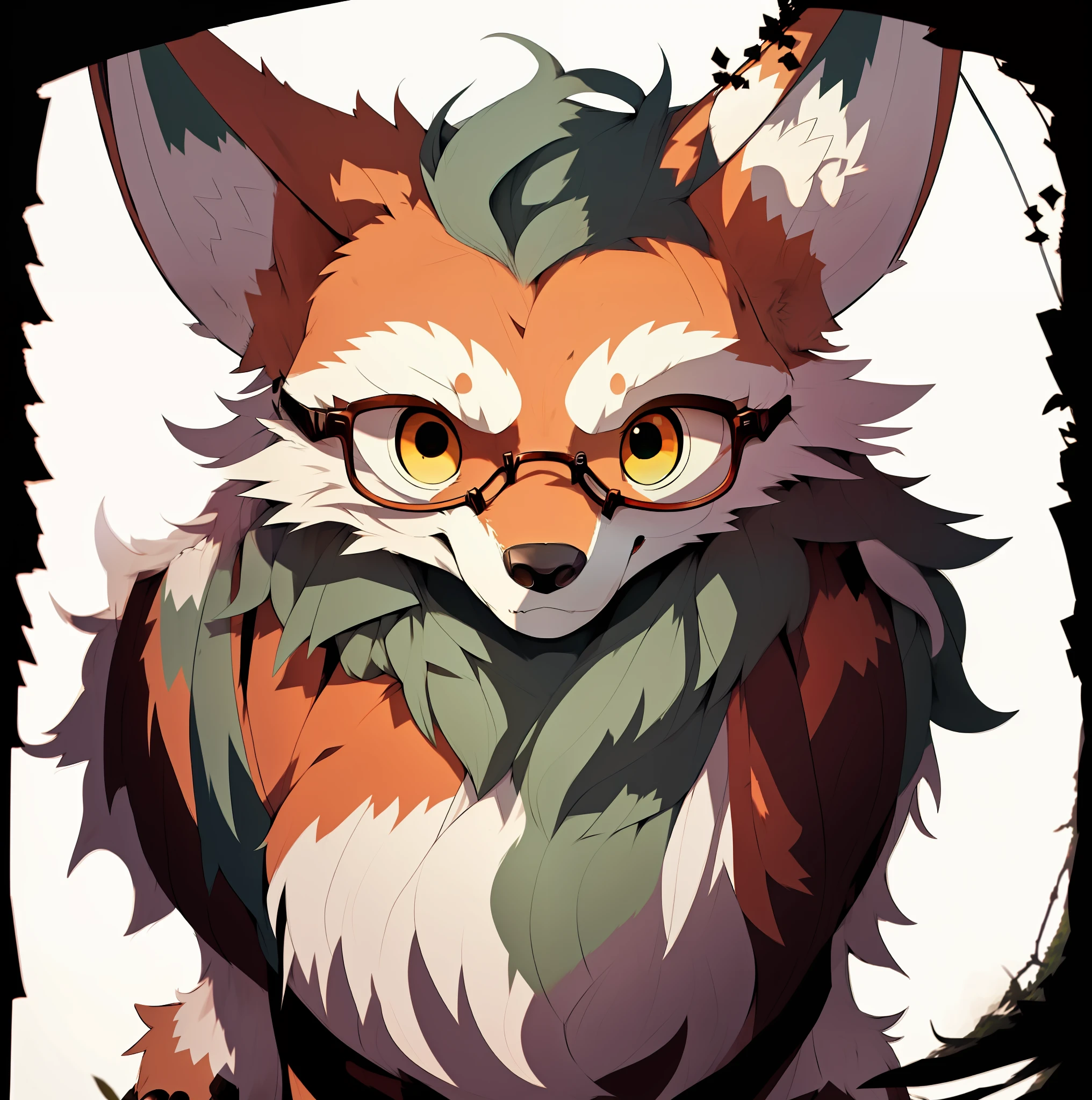 round frame glasses,Cute werewolf,The upper part of the body,having fun,Cartoony,In the woods at sunset,dingdall effect,Contre-Jour,Contour light