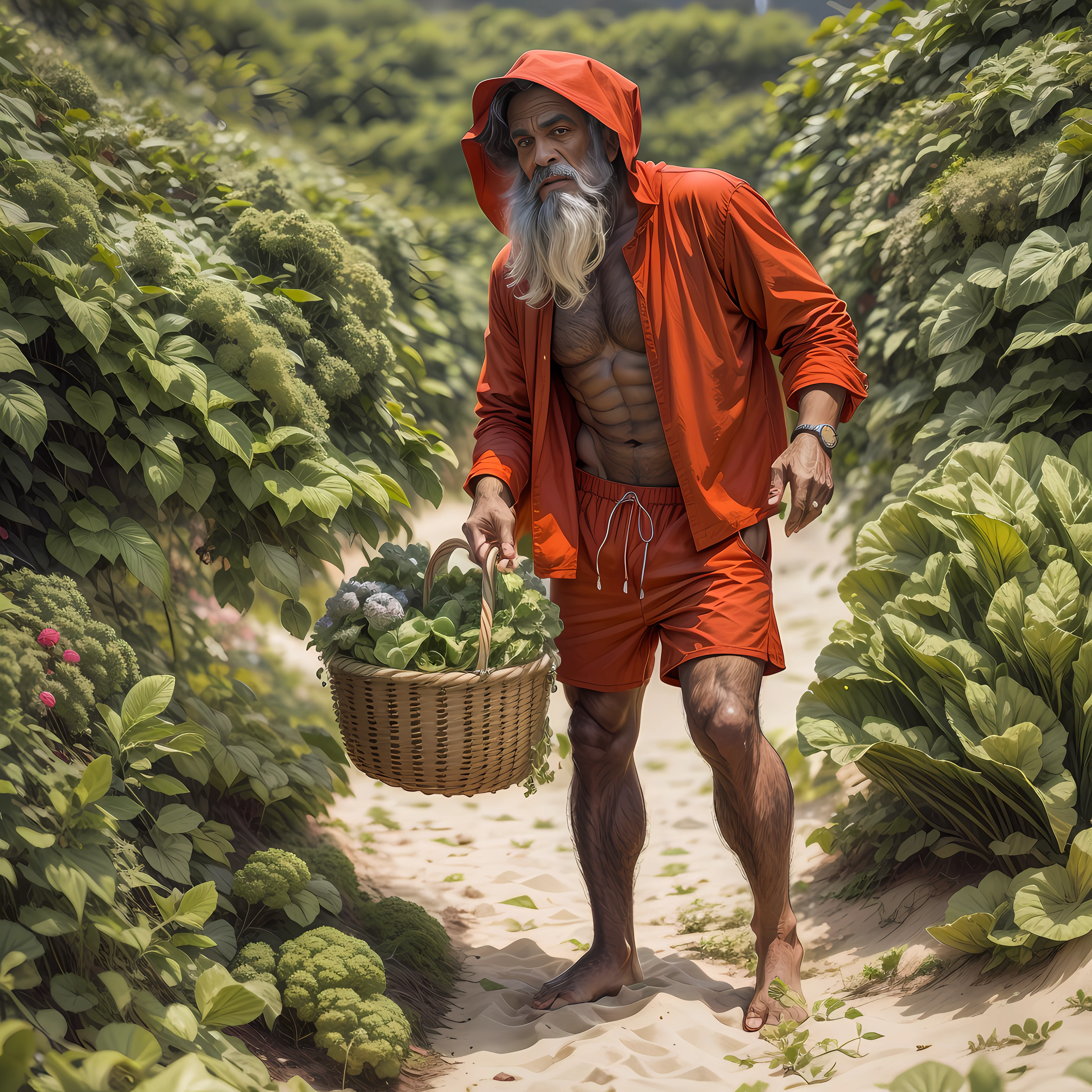 Um homem velho,sem barba,barrigudo, vestido de capuchinho vermelho, red shorts,com um manto vermelho pelas costas, a basket with lettuces on the arm , praia