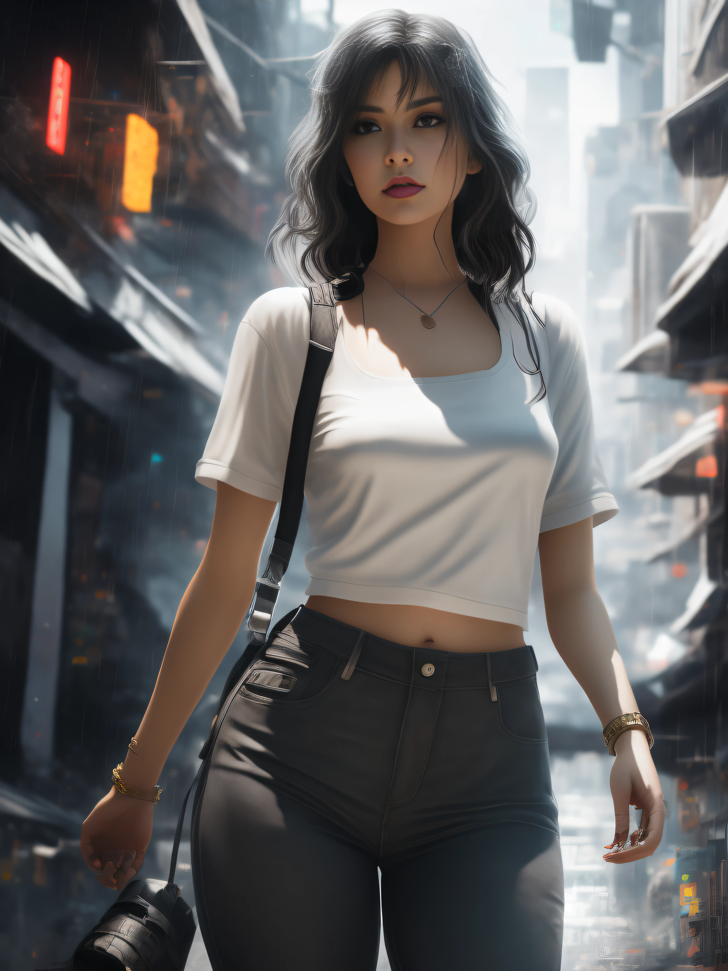 Mujer Araffe caminando por una calle de la ciudad con una camiseta blanca, CHAQUETA DE CUERO NEGRA,  cyberpunk 2 0 y. o Chica modelo, Hermosa modelo de mujer cyberpunk, Llevar un sexy top recortado, cinematic outfit photo, Arte cyberpunk ultrarrealista 8K, 8K Artgerm Bokeh, Chica elegante con traje urbano, Usar ropa simple y ajustada, Cyberpunk hermosa chica, Estilo cyberpunk hiperrealista