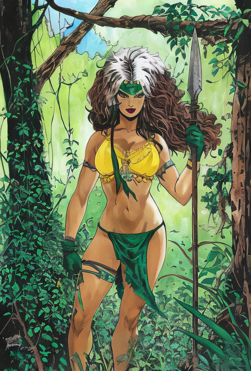 a painting of a woman in a bikini (((personagem vampira dos xman))) forest hunter lady, amazon warrior, inspirado em Tyler Edlin, lindo guarda florestal da selva, greek amazon warrior, Estilo Milo Manara, mulher das cavernas, amazon queen, Milo Manara, Guerreira do Norte, muscular female druid, Arqueiro florestal feminino, huntress, Warrior Woman, Guerreira adulta do norte , (((keep the trace of the original art))) (((cores detalhadas 3D)))