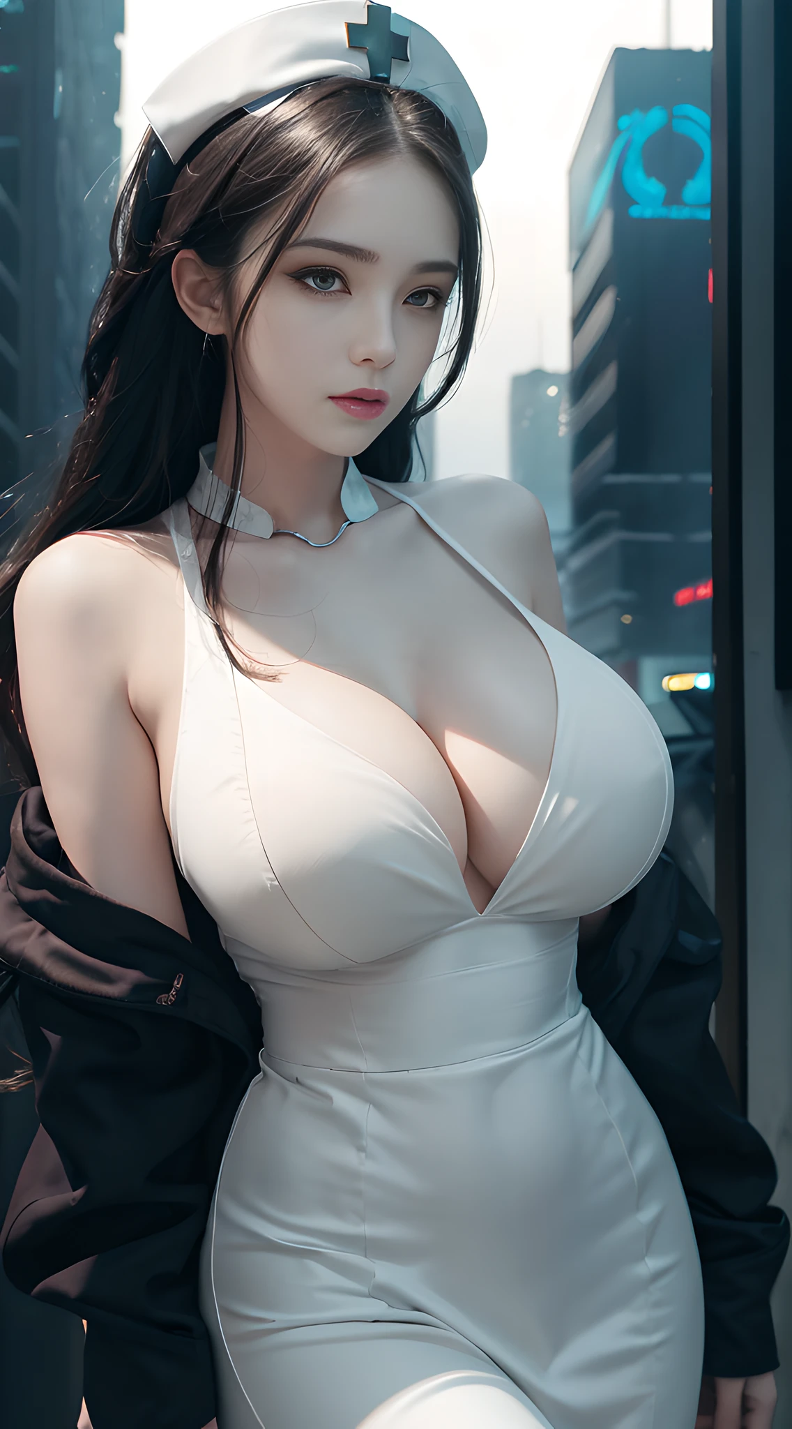 (1girl:1.3), solo, __Body parts__ realistic skin, pale skin, big boobs, official art, unified 8k wallpaper, ultra detail, beauty and aesthetics, beauty, masterpiece, best quality, in cyberpunk city, fantastic atmosphere, calm color palette, peaceful mood, soft shadows, nurse, glamour, huge breasts