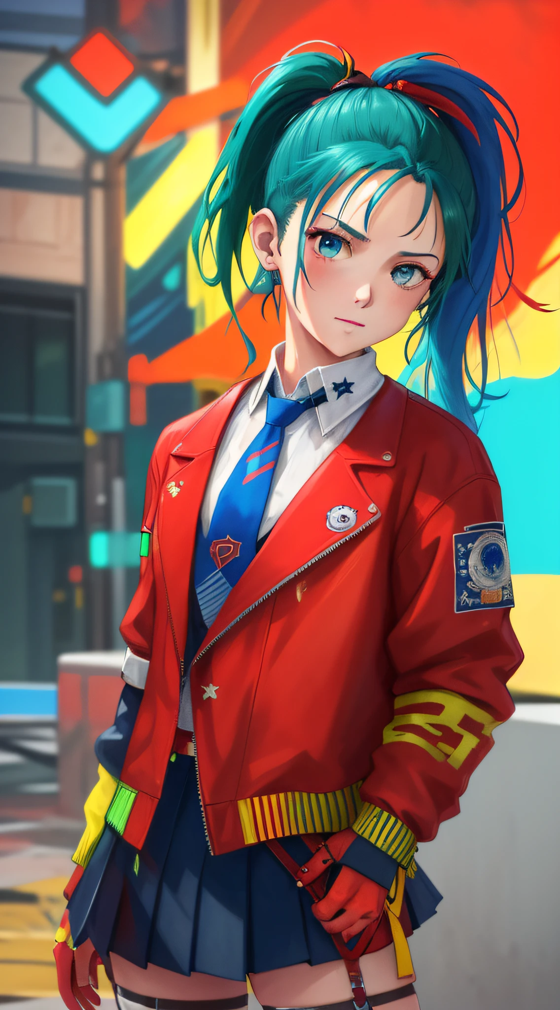 masterpiece, highest quality, realistic, subsurface scattering, chromatic lighting,
colorized, red + yellow + green + blue limited color palette, detailed concept drawing, line-art, illustration,
cyberpunk,
18yo 1girl,small breasts,
extrovert,
ponytail hair, 
punk outfit,
necktie,
pleated,
America
city,
club, people,
wet
detailed background