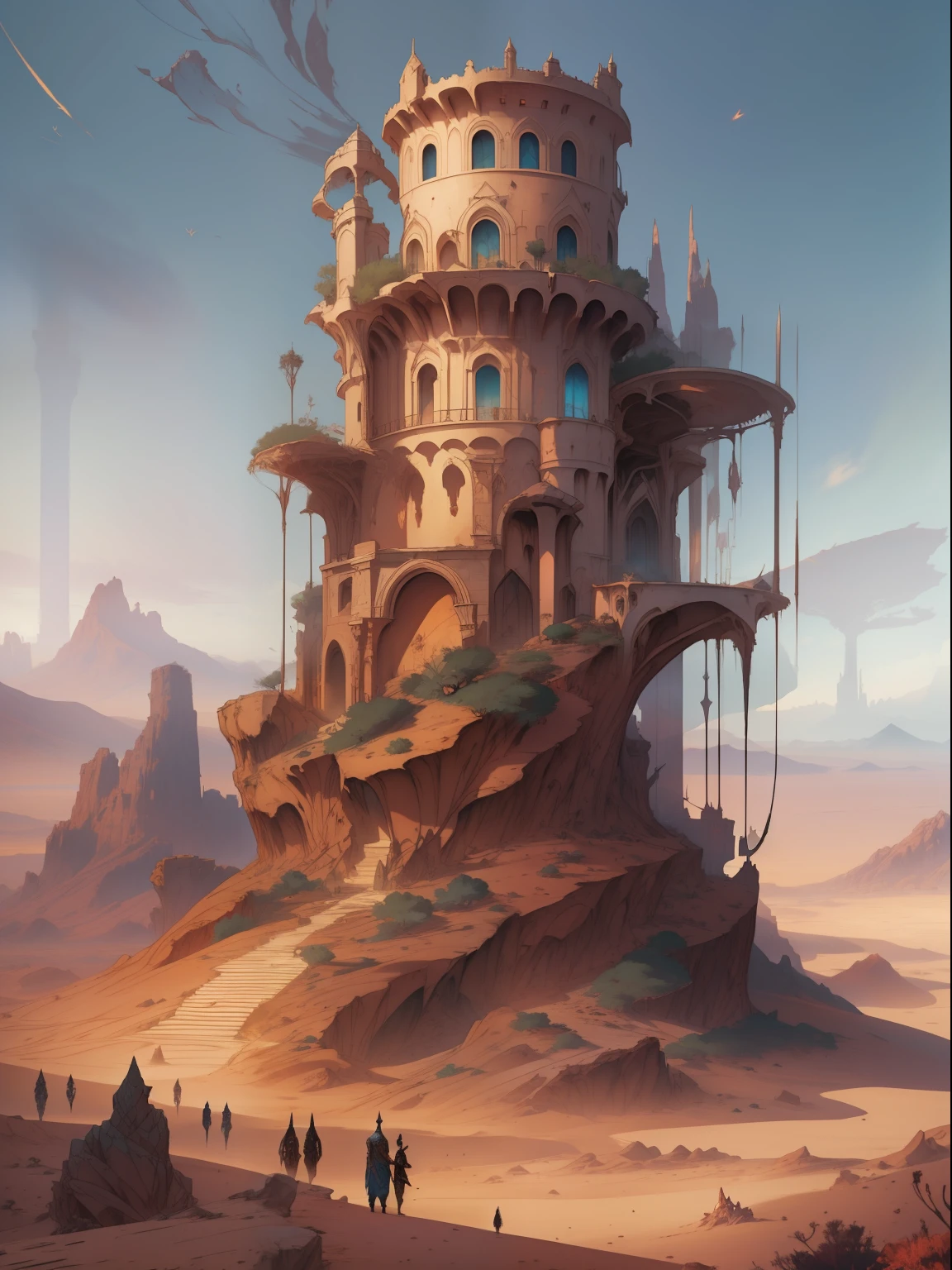 fantasy tower in the desert, beautiful landscape, from Brian Froud and Carne Griffiths and Wadim Kashin and John William Waterhouse, 8K post-production, high resolution, hiperdetailed, trending in artstation, sharp-focus, Studio photo, from Greg Rutkowski