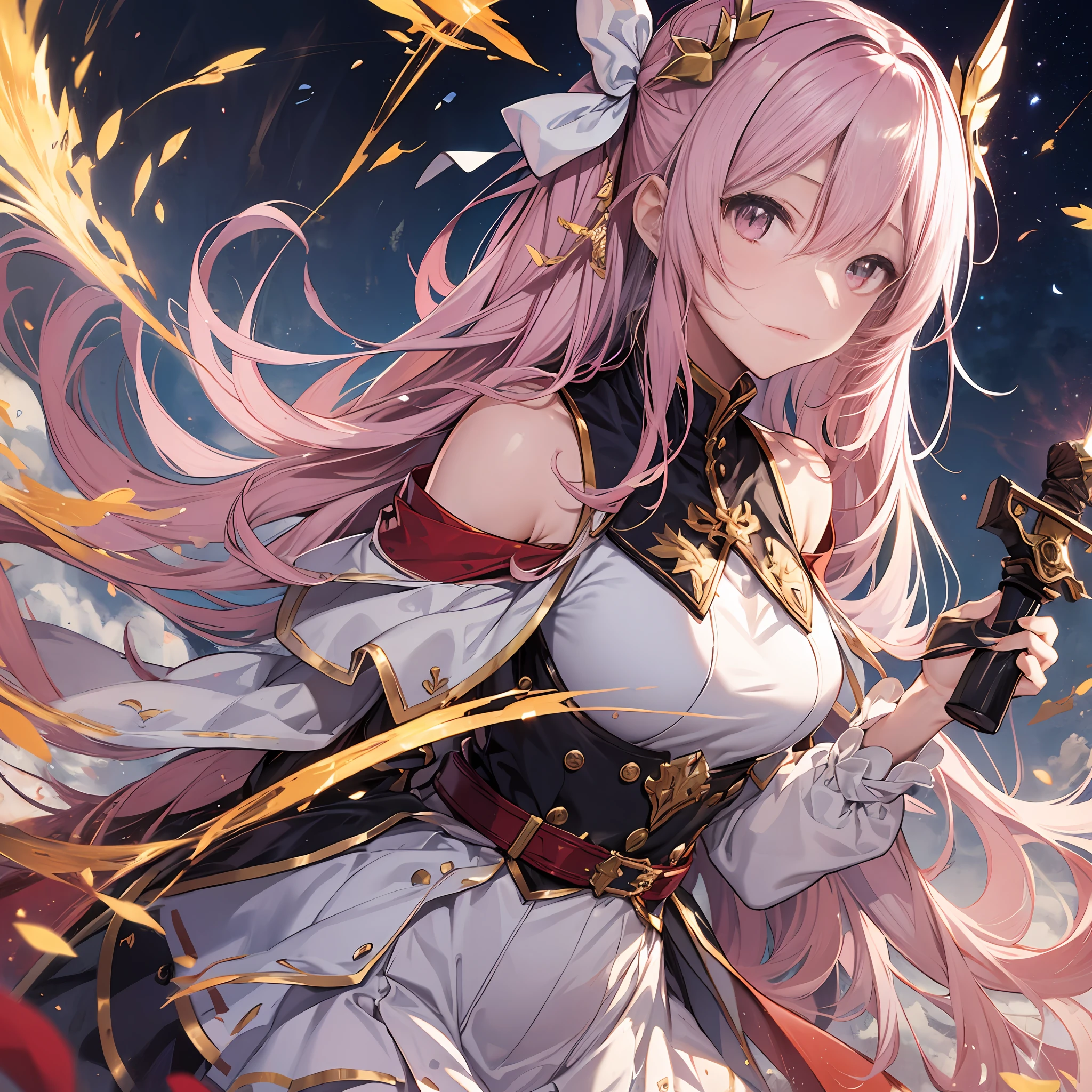 A masterpiece of literary text、best qualityer、Asuna\(stars\)、1girll、armature、bare shoulders​、face flushed、chest plate、Pink eyes、Pink hair、shift dresses、Blood Knight Uniform\(stars\)、Lambent Light、long whitr hair、Watch your audience、Golden Ribbon、Ribbons、sword sheath、Very long hair white armor、White dress　ponytails　Hairy hair