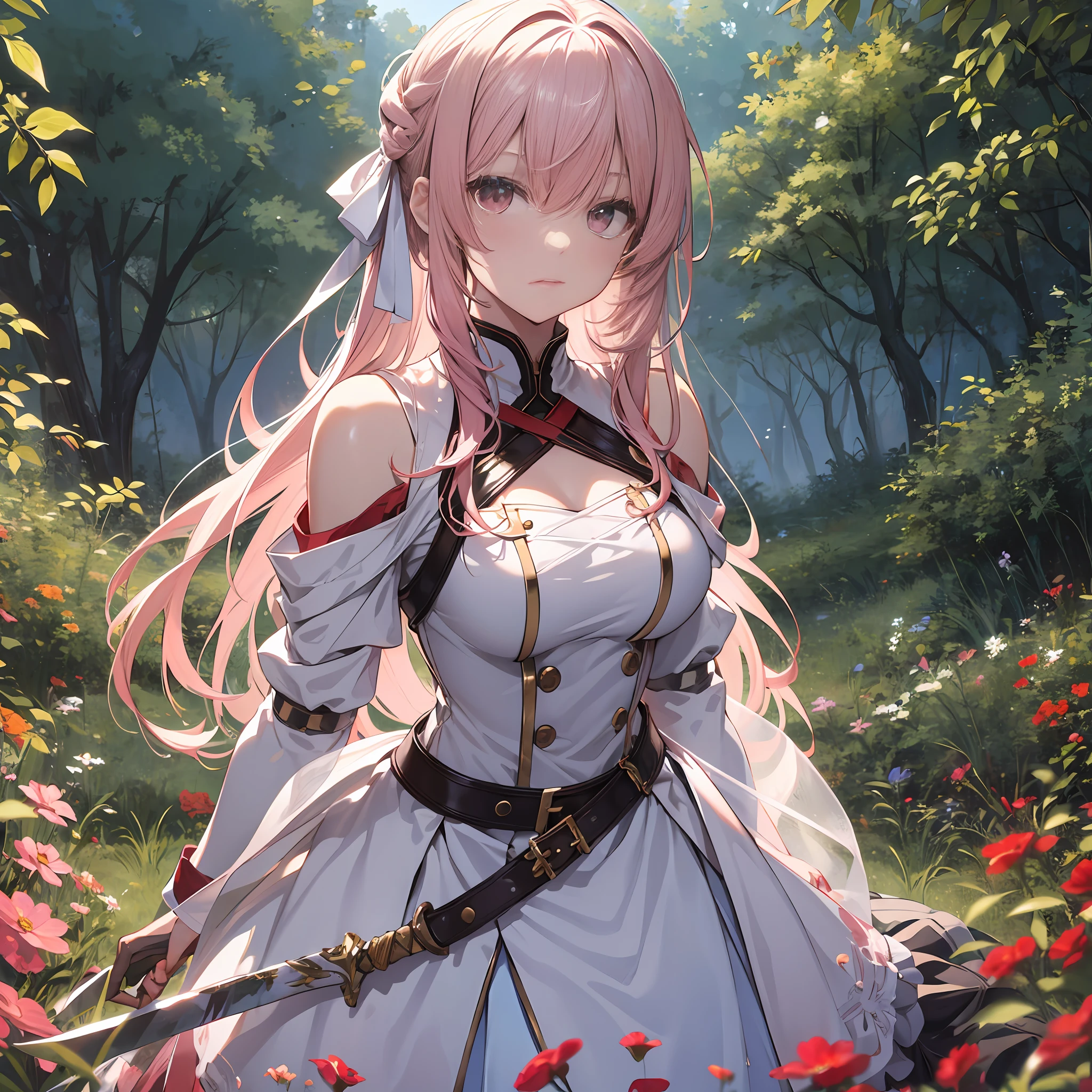 A masterpiece of literary text、best qualityer、Asuna\(stars\)、1girll、armature、bare shoulders、face flushed、chest plate、Pink eyes、Pink hair、shift dresses、Blood Knight Uniform\(stars\)、Lambent Light、long whitr hair、Watch your audience、Golden Ribbon、Ribbons、sword sheath、Very long hair white armor、White dress ponytails Hairy hair