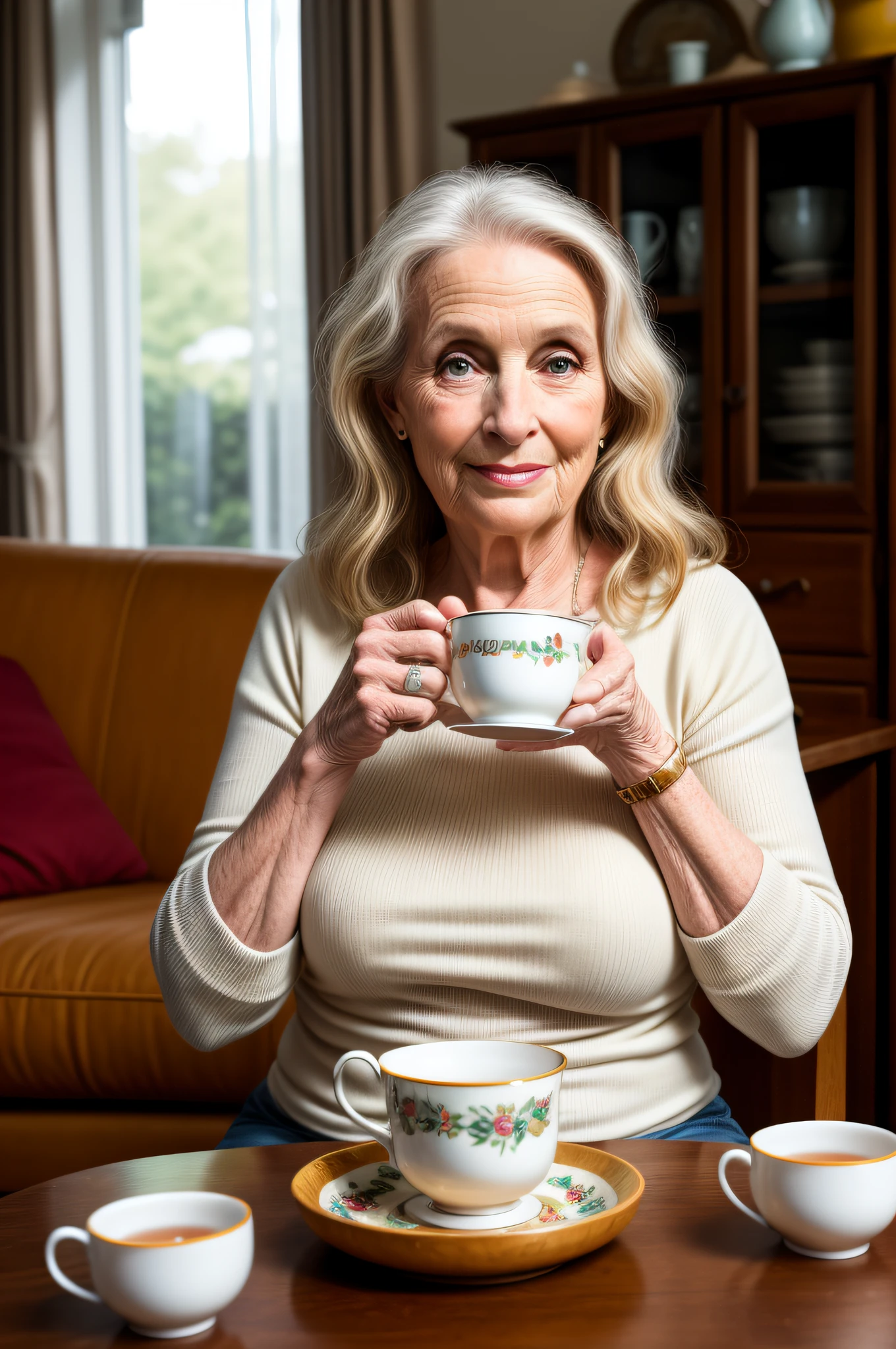 Uma fotografia de retrato de uma bela ((70 anos)) mulher, foto premiada, melhor qualidade, retrato por Annie Leibovitz, Canon 5D Mark II, filme, fotografia profissional, (cores ricas:1.1), hiper realista, textura realista, (natural lightting: 1.1), (Canon EF 85mm f/1.4L IS USM) having tea in the living room. velha em uma poltrona,