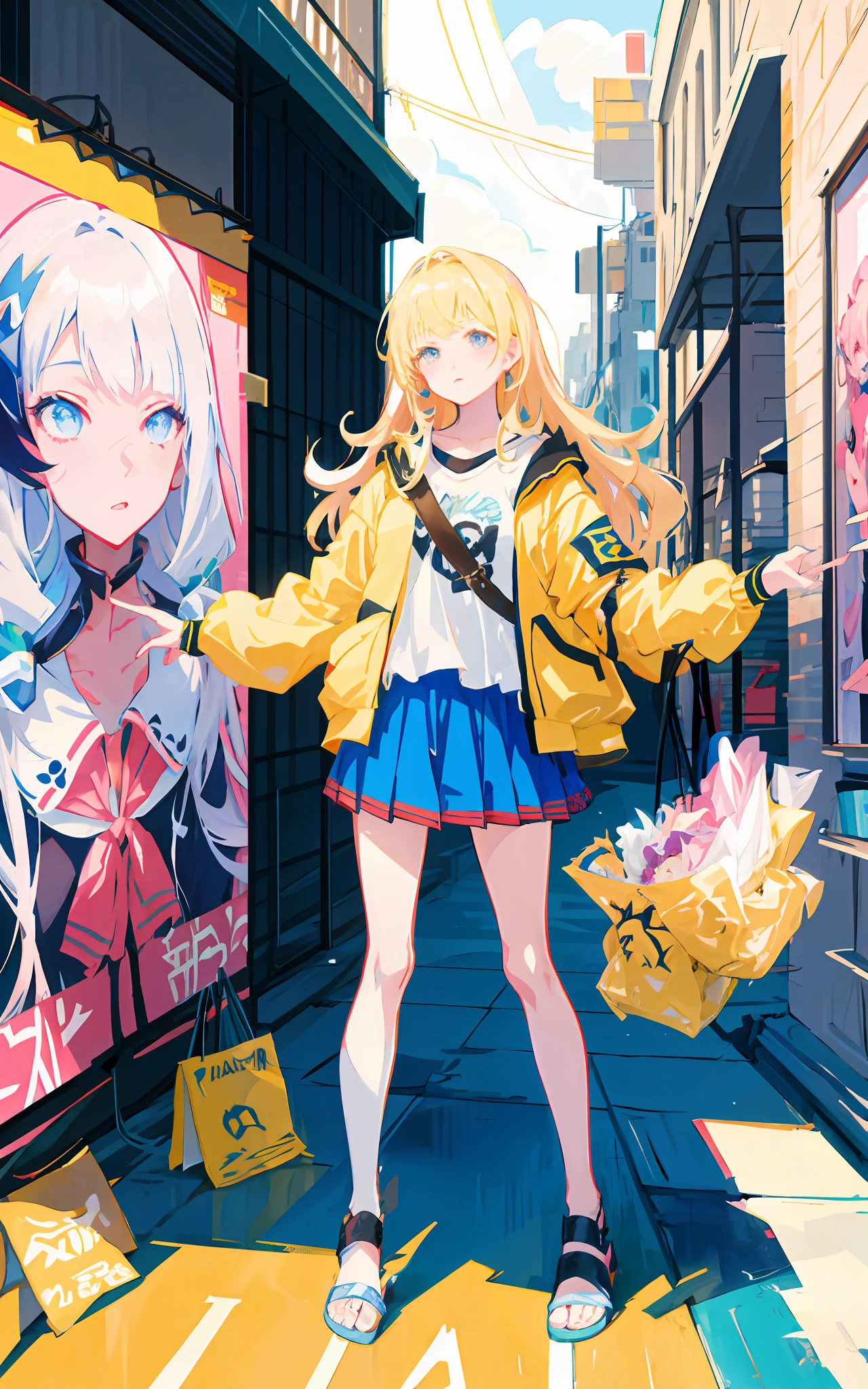 anime girl with long blonde hair and a yellow jacket, poster art inspired by Puru, pixiv, process art, hanayamata, best anime 4k konachan wallpaper, marin kitagawa fanart, official artwork, macross delta splash art, anime style 4 k, anime moe artstyle, ecchi style, azur lane style, detailed key anime art