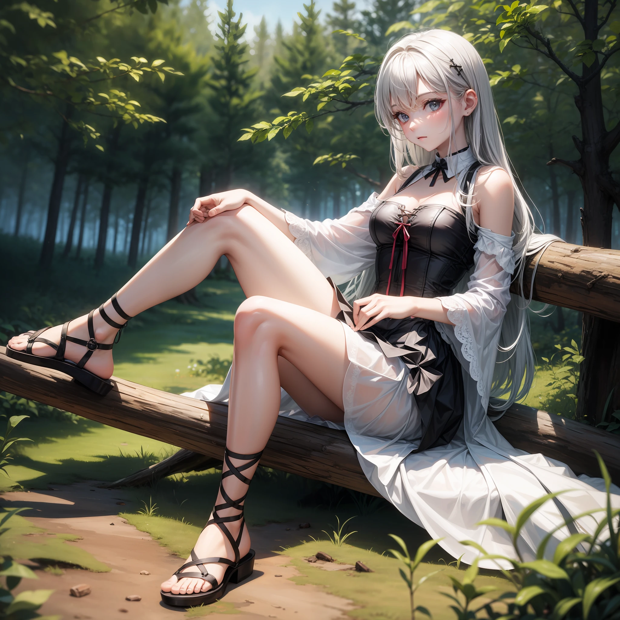 A beautiful girl,Silver and white lace-up sandals,Sit cross-legged on the grass in the forest,log cabin,elegance and cuteness