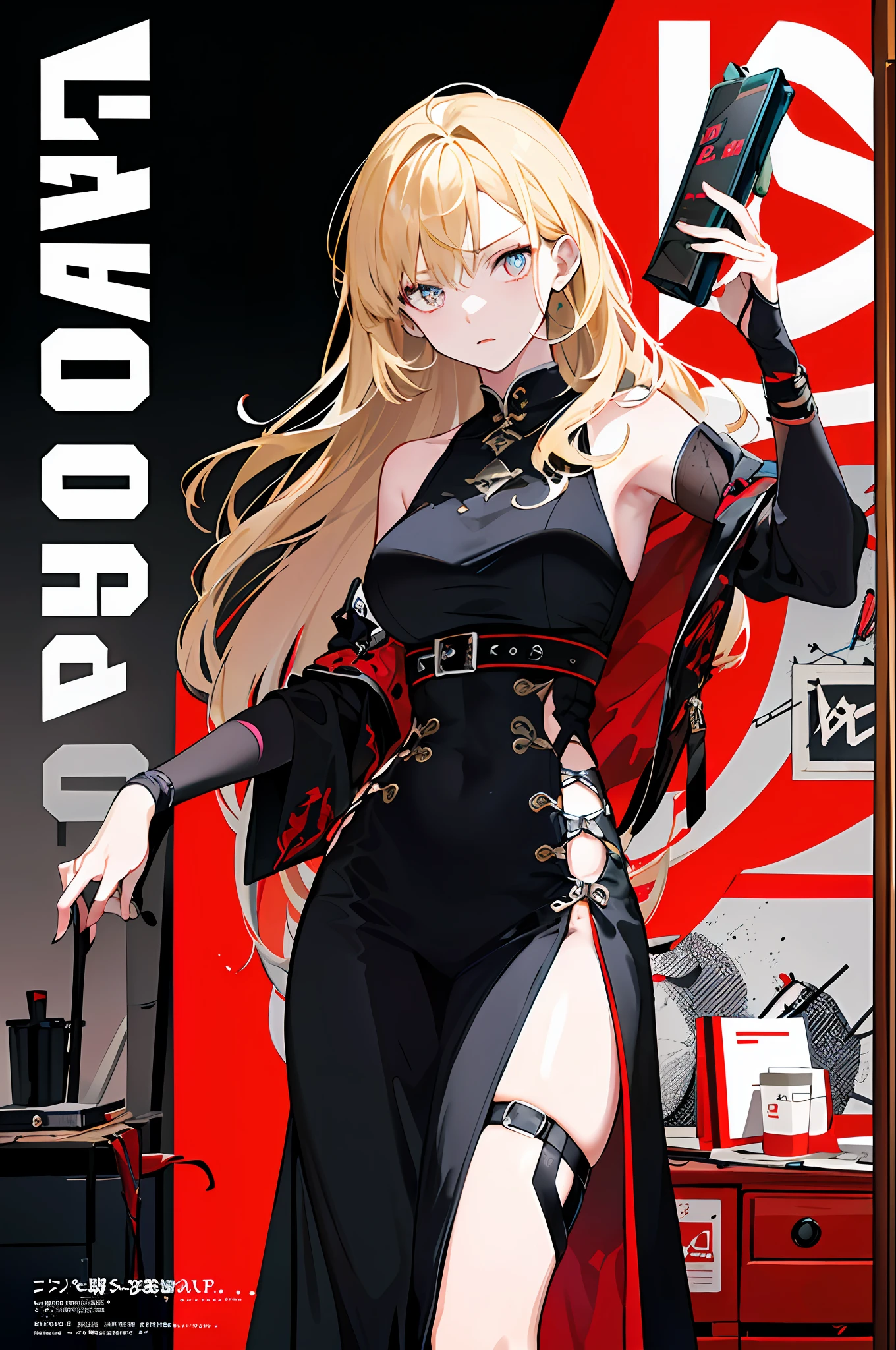 ((((dramatic))), (((gritty))), (((intense))) The movie poster features a young woman as the central character。She stands confidently in the center of the poster,Long blonde hair fluttering,Dress in fashion-forward clothing,with a determined expression on her face。The background is dark and gritty,There is a sense of danger and a strong feeling。The text is bold and eye-catching,With catchy slogans,Adds to the overall drama and excitement。The color palette is dominated by dark colors,Dotted with bright colors,Make the poster dynamic and visually striking,tachi-e (magazine:1.3), (cover-style:1.3), fashionable, woman, vibrant, outfit, posing, front,rich colourful,dyna,Background with,element in,self-assured,Expressing the,halter,statement,attachment,A majestic,coil,Runt,Touching pubic area,Scenes,text,Cover of a,boldness,attention-grabbing,titles,Fashionab,typeface,Catchy,titles,more big,smart、moderno、Trendy、focus-on、Fashionab、