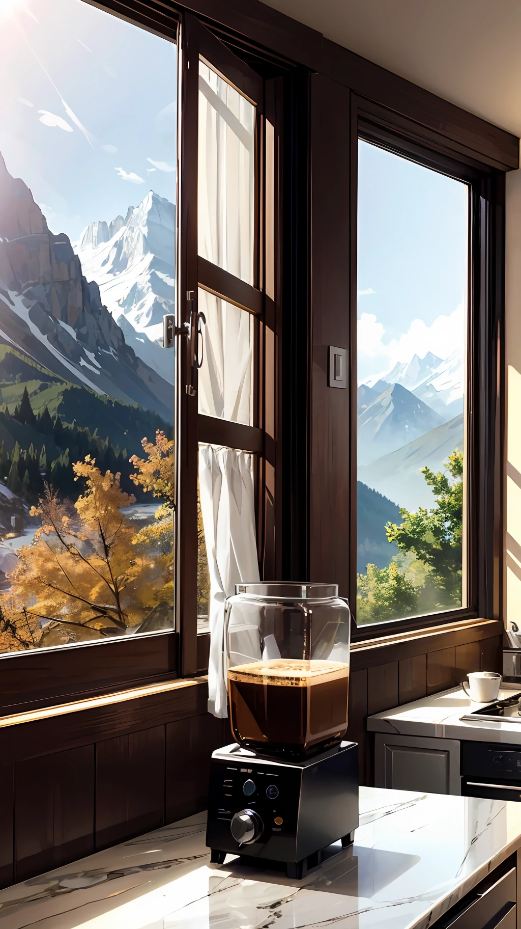 coffee machine in kitchen, mountains outside window