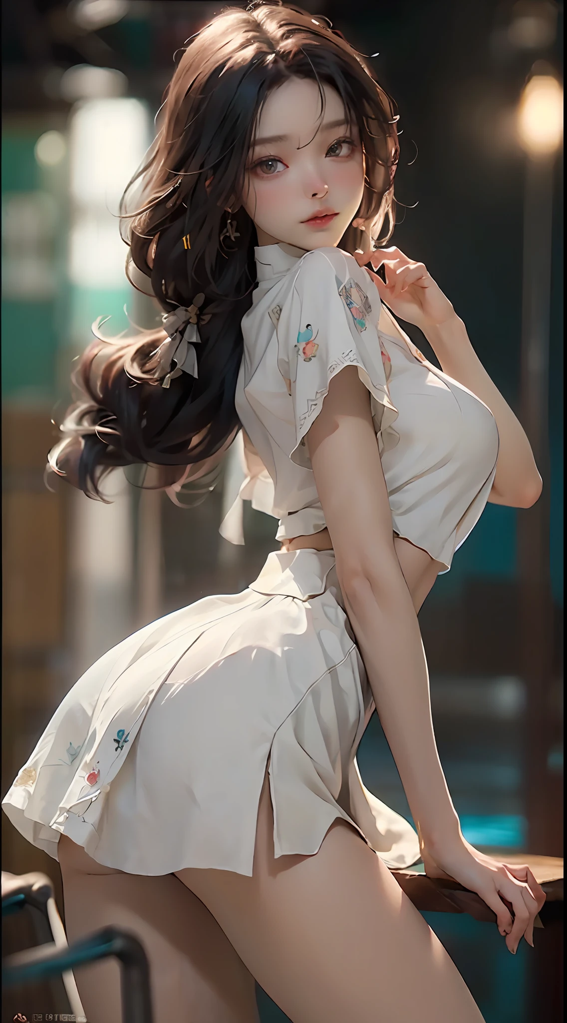 ((best qualtiy)), ((tmasterpiece)), (the detail:1.4), 3D, ,hdr（HighDynamicRange）,Ray traching,NVIDIA RTX,Hyper-Resolution,Unreal 5,Subsurface scattering、PBR Texture、post-proces、Anisotropy Filtering、depth of fields、maximum definition and sharpness、Many-Layer Textures、Albedo e mapas Speculares、Surface coloring、Accurate simulation of light-material interactions、perfectly proportions、rendering by octane、Two-colored light、largeaperture、Low ISO、White balance、the rule of thirds、8K raw data、Skirt that wraps hips，white  shirt