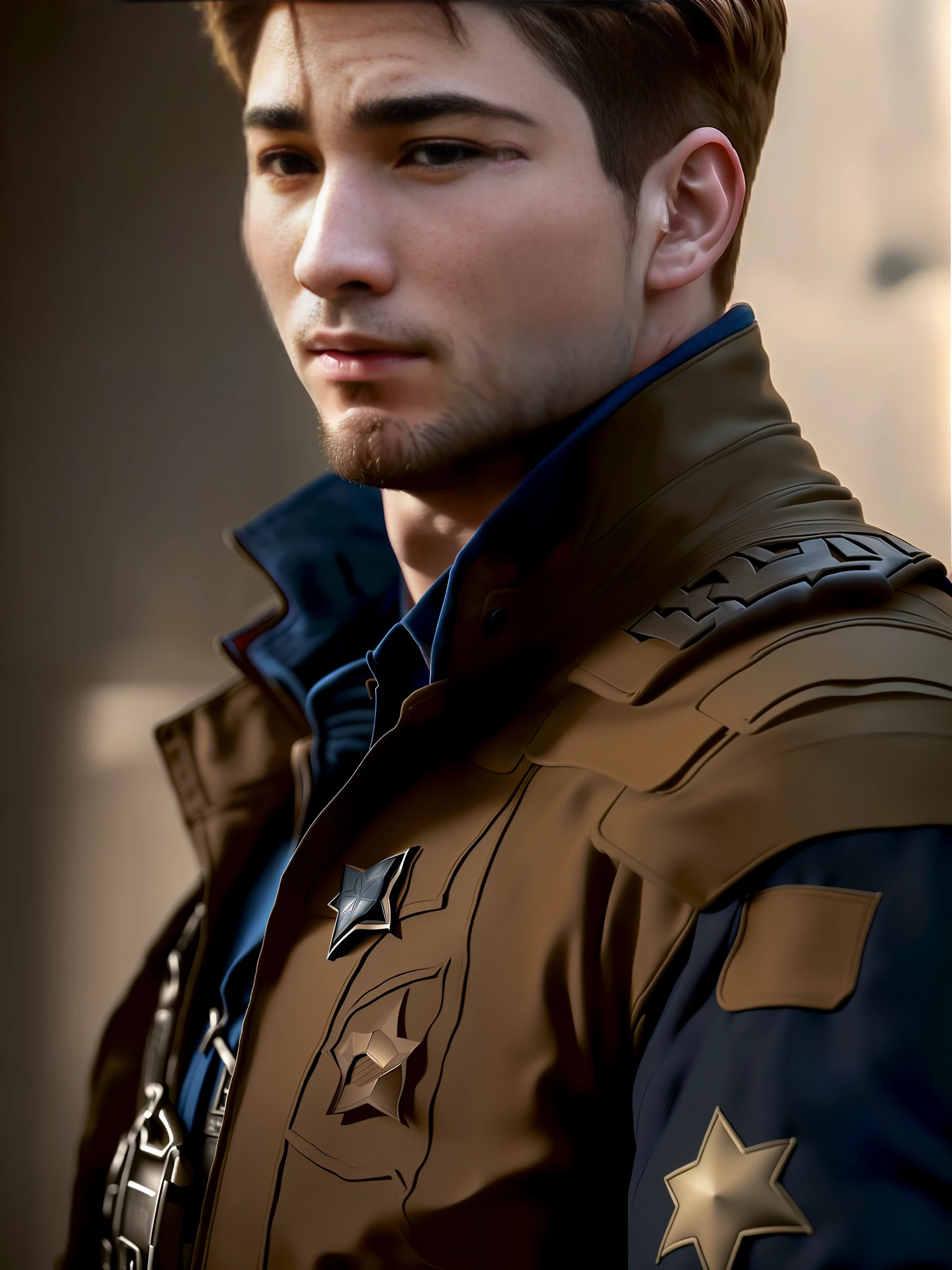 captain america is a man with a beard and a jacket, portrait of captain america, chris evans portrait, portrait of chris evans, medium close - up ( mcu ), chris pratt as mario, rugged male ranger, closeup portrait shot, character portrait closeup, high quality portrait, closeup character portrait, inspired by Adrian Zingg, portrait of homelander, detailed character portrait