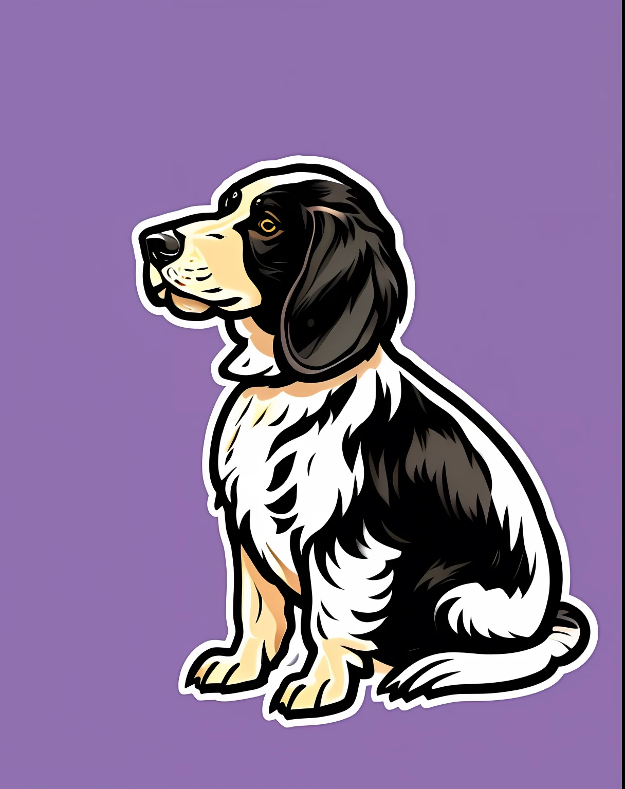 Vector-art of an (English Setter: 1.3), white with black spots, looking to the front, loyal, happy, intelligent, lively, devoted, expressive, energetic, playful, quick, strongwilled, good-natured, running on a beach, white background.
