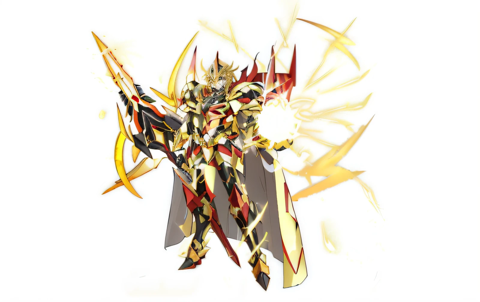 Anime characters armed with swords and wearing armor, symphogear, draconic looking armor, ultra mega super hyper detail，Black-gold armor，White cape，yellow lightning