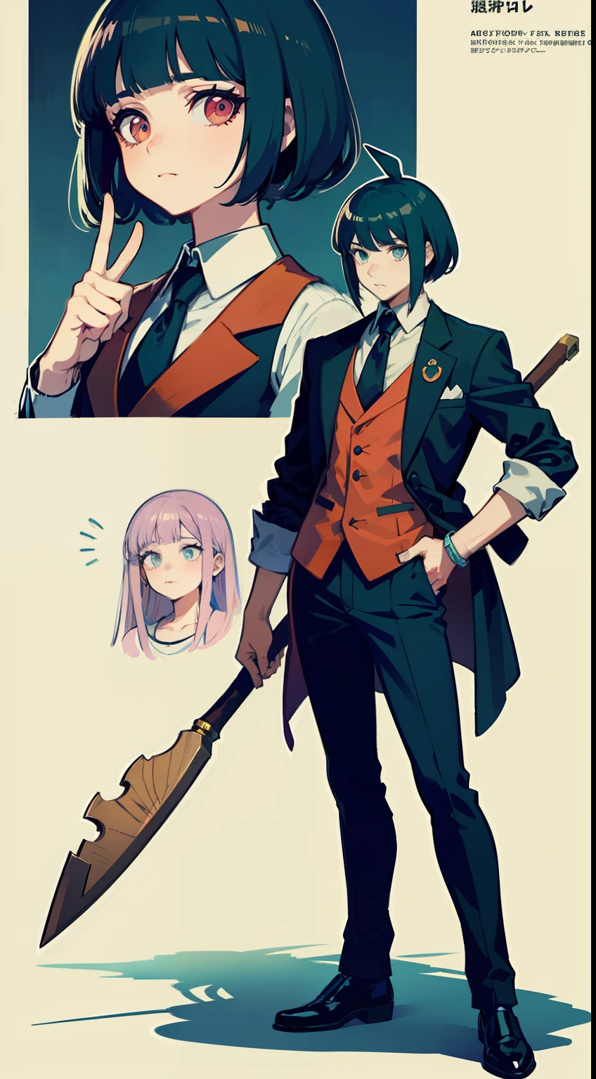 An anime character in business clothes stands in the middle of the picture, Raise your left hand,Carrying a wooden stick on his shoulder,concept art by Kamisaka Sekka, Pisif, Sots Art, ace attorney style, rimuru and milim, puce and vermillion, offcial art, vermillion and cyan, digital art from danganronpa, Medium shots of the character, clean backdrop,Black shoes,official character art