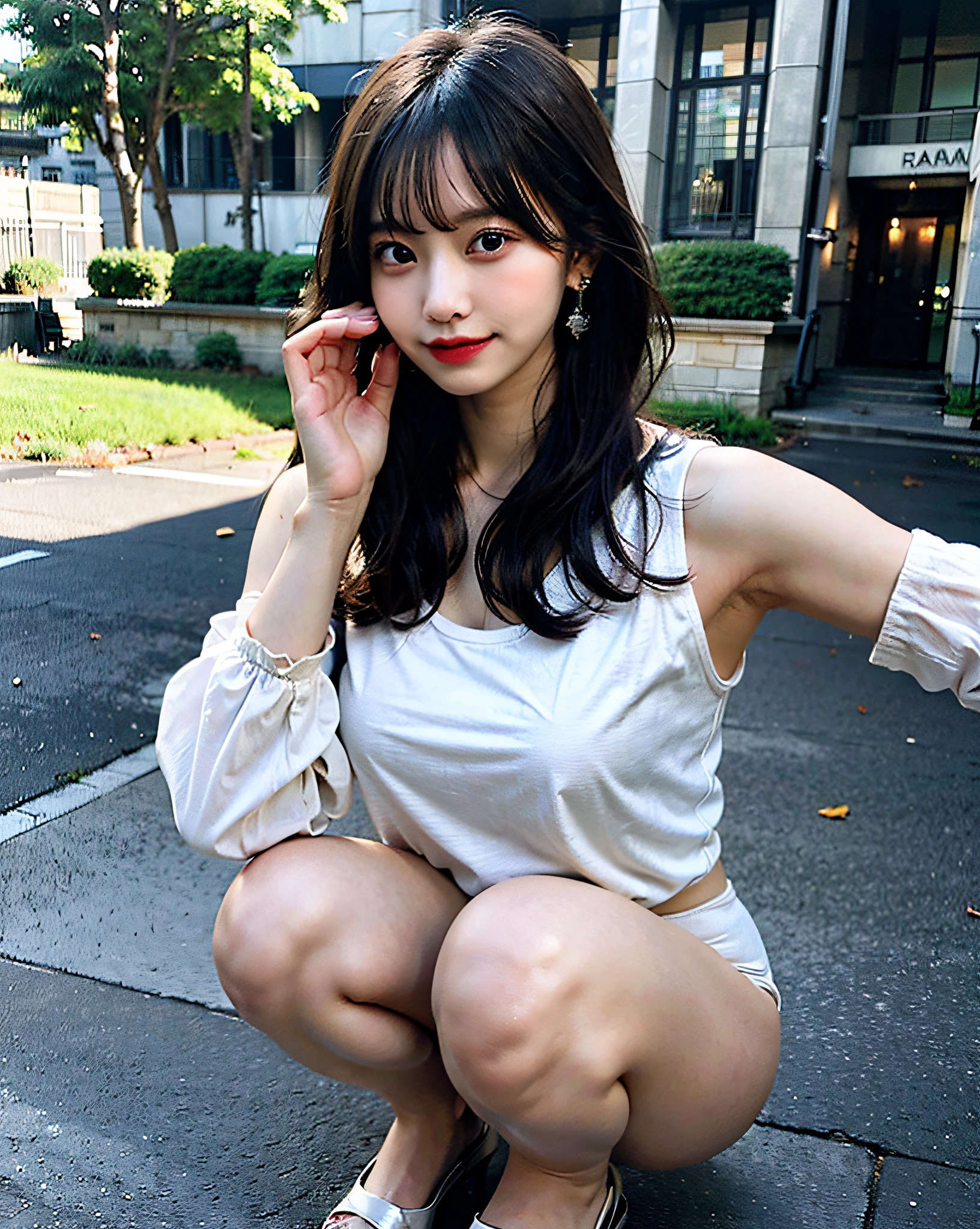 top-quality、Hi-Res、8K、Girl 1 Mature Mature Mature Woman Person、during the day、、A dark-haired、short-cut、with light glowing、outside of house、Luxury、(Medium Hair)、Beautiful detail sky、Beautiful earrings、(dynamicposes:0.8)、(fullllbody:1.2)、Soft breeze、shinny skin、line of sight、Bust、「Girl is squatting。Toned abs。Spread your legs in an M shape,、Raise your hand(So much so that you can see your armpits.。Wearing a black tank top。The background is a house。Focus on」Every detail of the image、The use of dynamic angles is、Shows the elegance and romanticism of the image. This character has big breasts、With no pan、It has the shape of a camel toe。」、Show viewers white panties