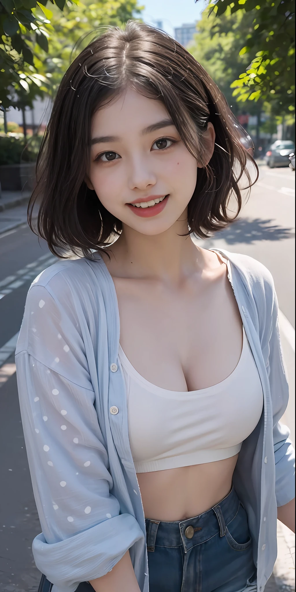 1个Giant Breast Girl,a color,(tmasterpiece:1.4),(Best picture quality:1.4),8K,Girls HD,Ultra-clear,1个Giant Breast Girl,二重まぶた,(Europe),Be red in the face,blue-sky,baiyun,shadowing,Leaf spots,Tyndall Sunshine,(orthofacial),big laughter,dimple,teeth showing,(wavy French Bob vibes from 1920': 1.3)