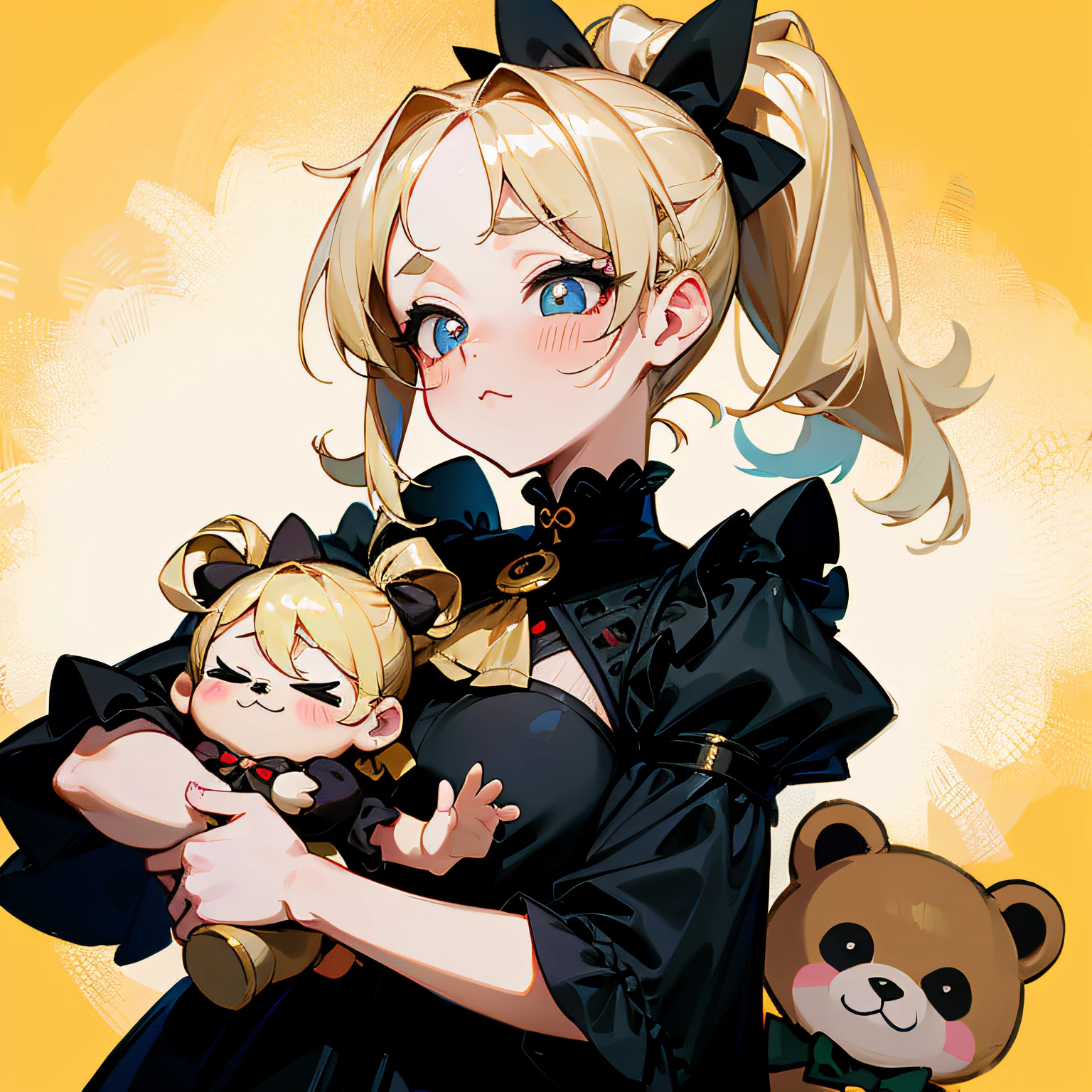 chiquita,Double ponytail in gold,adolable,Dumb cute,goth style,rosycheeks,holding a bear doll,Look up,Tsundere
