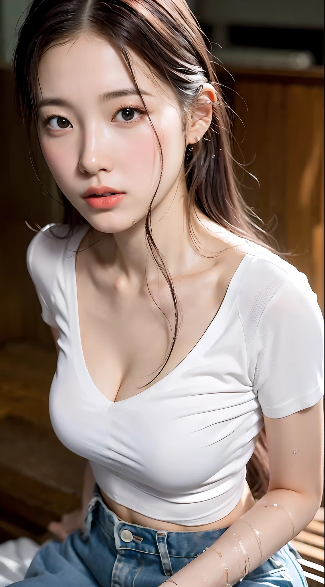1girl, (Super:1.2), ((White shirt:1.2)), RAW Photos, (Photorealistic:1.37, Realistic), High Definition CG Unified 8K Wallpaper, Watch Viewer, ((Straight from Front))), (HQ Skin: 1.8, Glossy Skin), 8K UHD, DSLR, Soft Lighting, High Quality, Film Grain, FUJIFILM XT3, ((Upper Body: 1.6) ), (Pro lighting: 1.6), (shower, wet body, wet clothes: 2.1), from below, emphasizing cleavage, from above, from the bottom of the bed