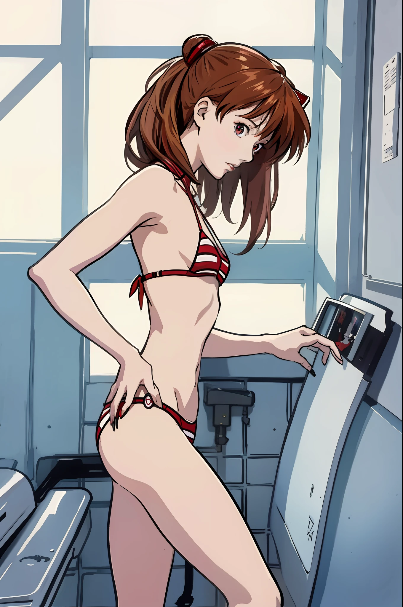 Asuka Langley in bikini standing in a bathroom by a window, mirando de perfil, Traje de Asuka debajo de la ropa!, Hermosa Asuka de Evangelion, anorexic body, cuerpo muy delgado, huesos y costillas visibles, rostro hermoso, pecho plano, very small waist, gainax, Estilo anime Gainax, De Evangelion, Studio Gainax Illustration, seductora chica de anime, Asuka de Evangelion, Primer plano de Lain Iwakura, Experimentos en serie Lain, Makoto Kano