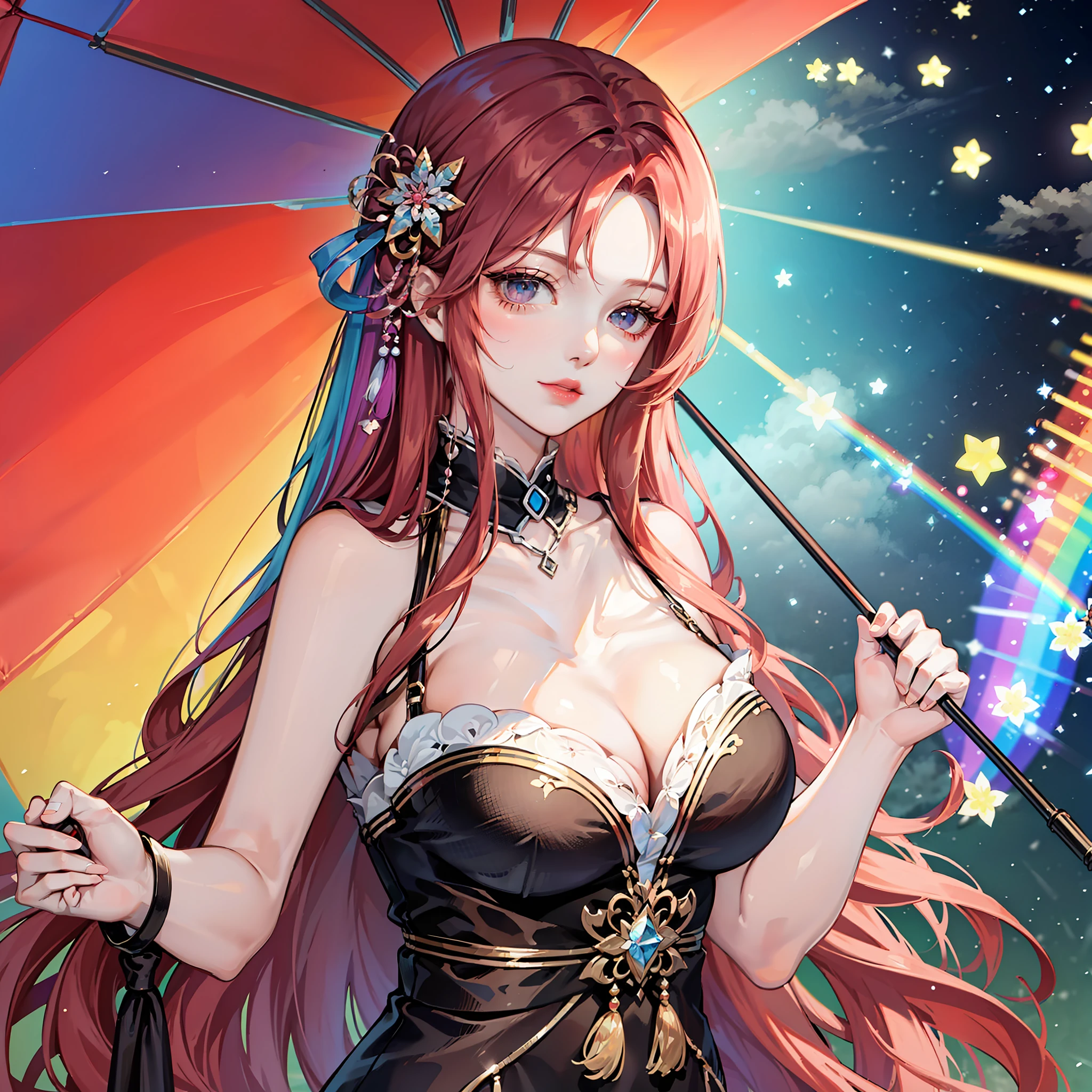 ultraclear,the detail,Large colored umbrella,There was a under the umbrella,big breasts beautiful,Red, Rainbow-colored hair,